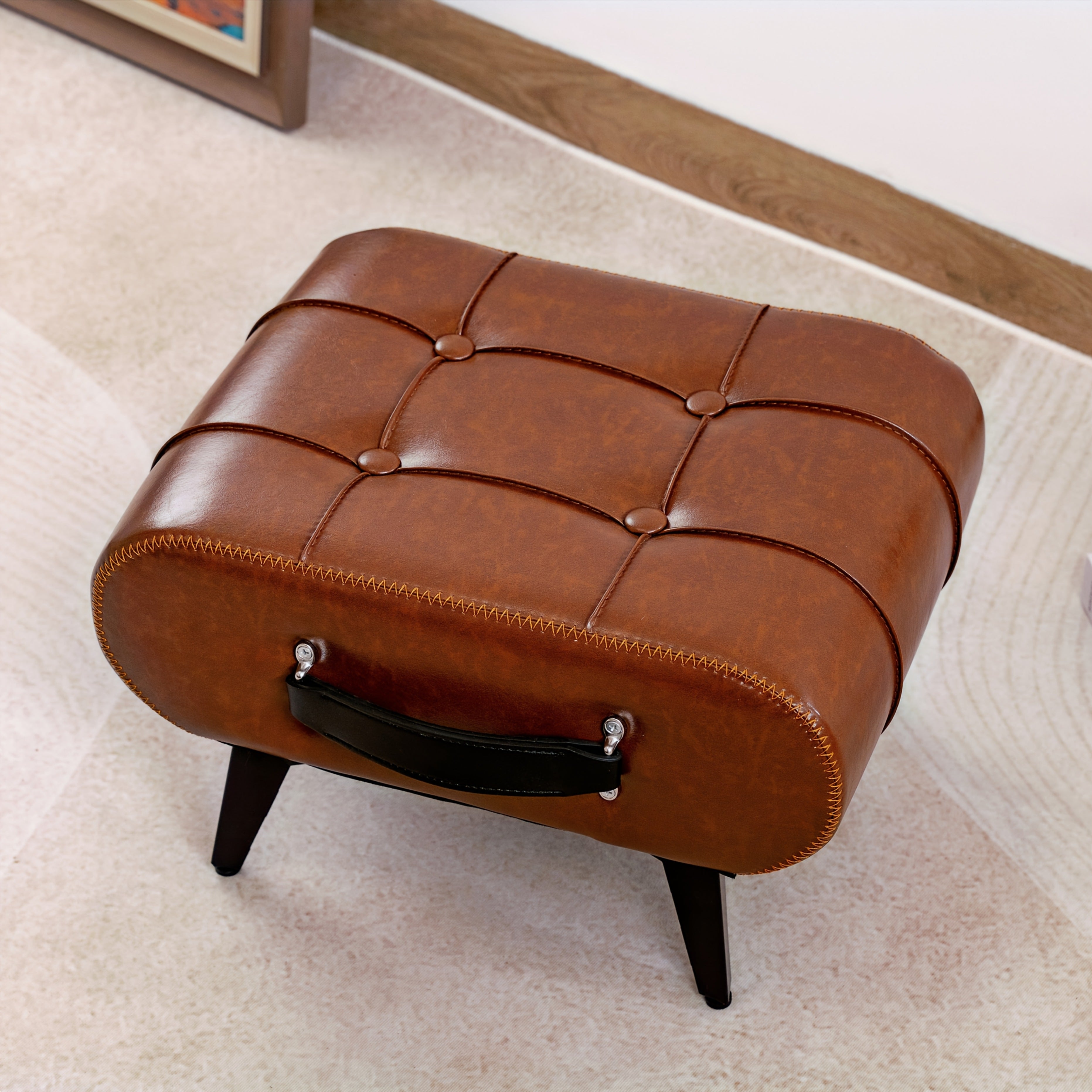 1pc High Quality Oil Wax Leather Low Stools, Footstools, Leather Padded Footstools, Stylish & Versatile For Sofa End, Shoe Changing Stools For Living Rooms, Corridors, Foyers, Entrance, Bedroom, Home Decor Furniture, Furniture For Home