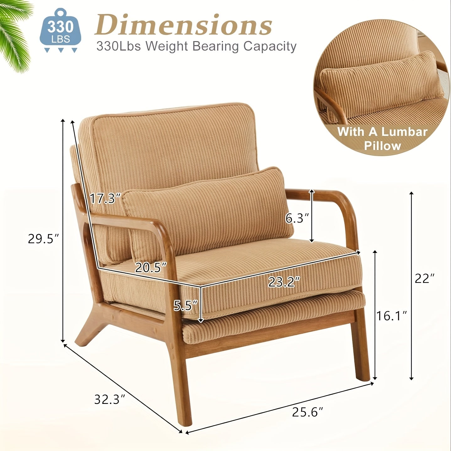Mid-Century Modern Accent Chair, Living Room Chairs with Pillow Corduroy Upholstered Lounge Armchair with Solid Wood Frame & Soft Cushion for Bedroom, Reading Room, Low Back, 23.62\