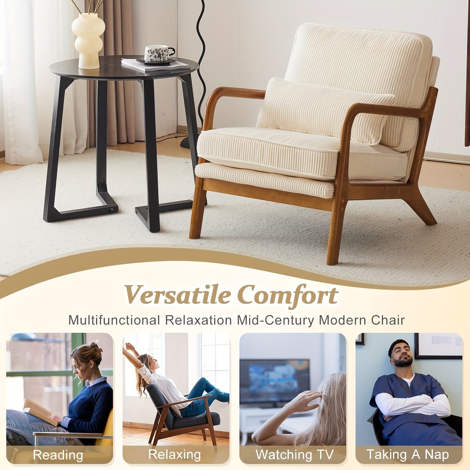 Bonnlo Wide Armrests Accent Chair, Mid Century Modern Chair with Pillow, Comfy Upholstered Chair Farmhouse Arm Chair