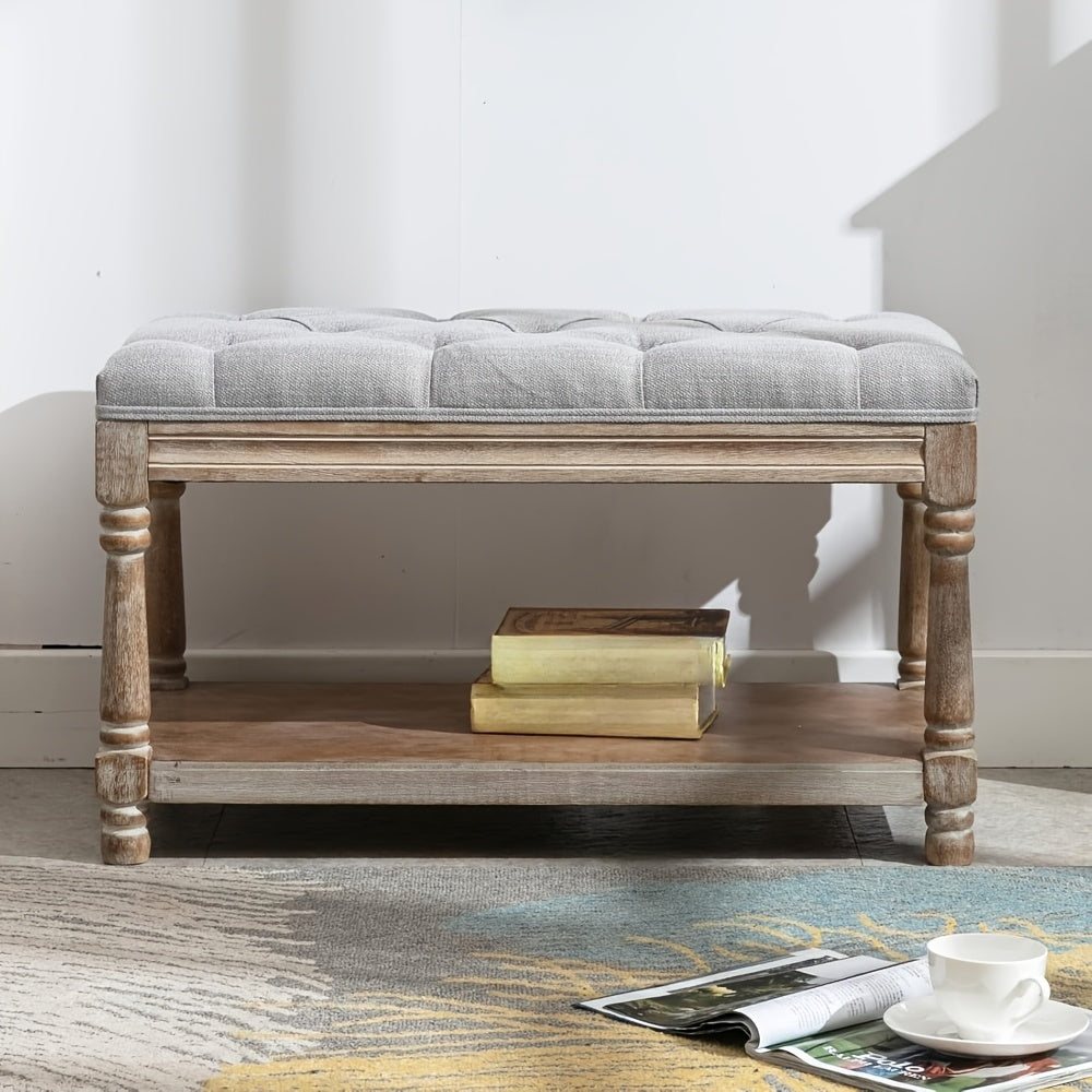 1Pc Farmhouse Plush Storage Linen Fabric Bench with Shelf Entrance, Shoe Changing Footstool, Suitable for Bedroom\u002F living Room, 31.5 Inches Wide