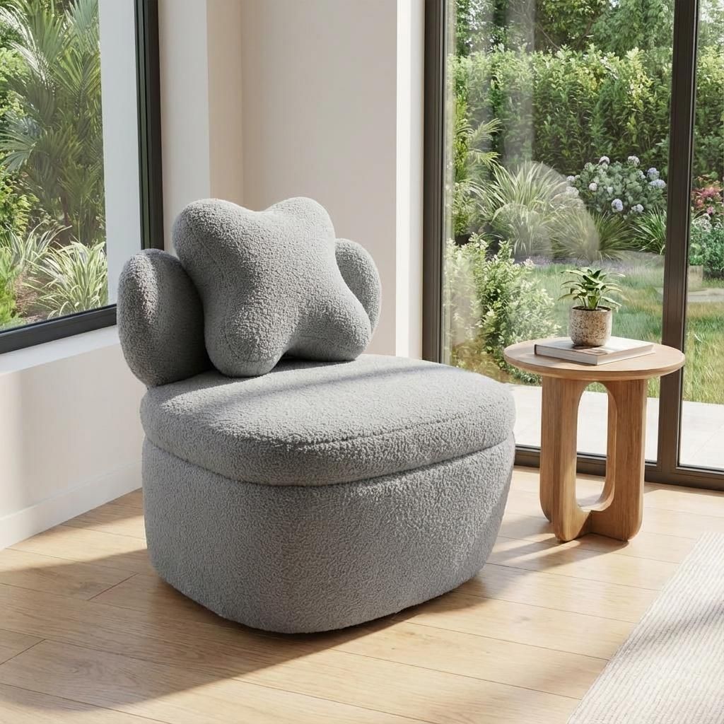 Soft Bear Accent Chair | Soft Boucle Cloud Shape Armchair for Living Room or Bedroom, Cute Cozy Sofa, Brown Soft Fabric, Solid Back Style, Spot-clean Care, Non-Adjustable, Hard Floor Recommended, Brand: WARMTOBABY
