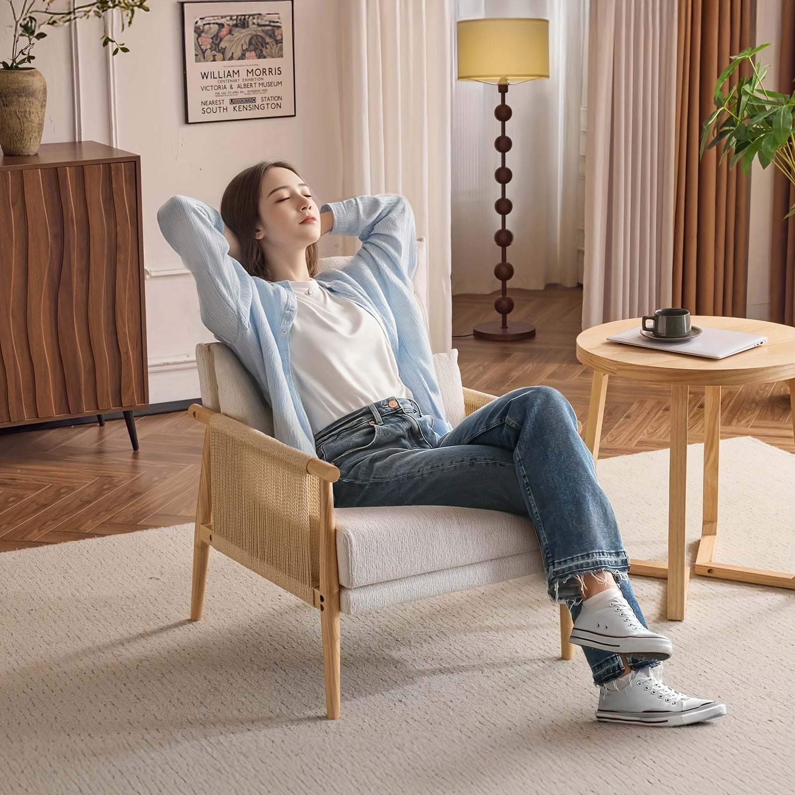 Bonnlo Mid-Century Modern Accent Chair with Solid Wooden Armrests & Waist Pillow - Foam-Padded Chenille Louge Armchair Suitable for, Reading Nook, Compact Spaces - Stylish Comfortable Armchair (No Assembly)