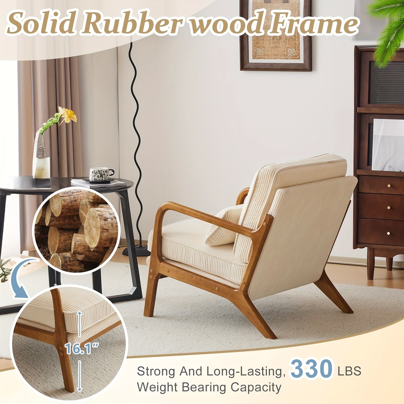 Bonnlo Wide Armrests Accent Chair, Mid Century Modern Chair with Pillow, Comfy Upholstered Chair Farmhouse Arm Chair