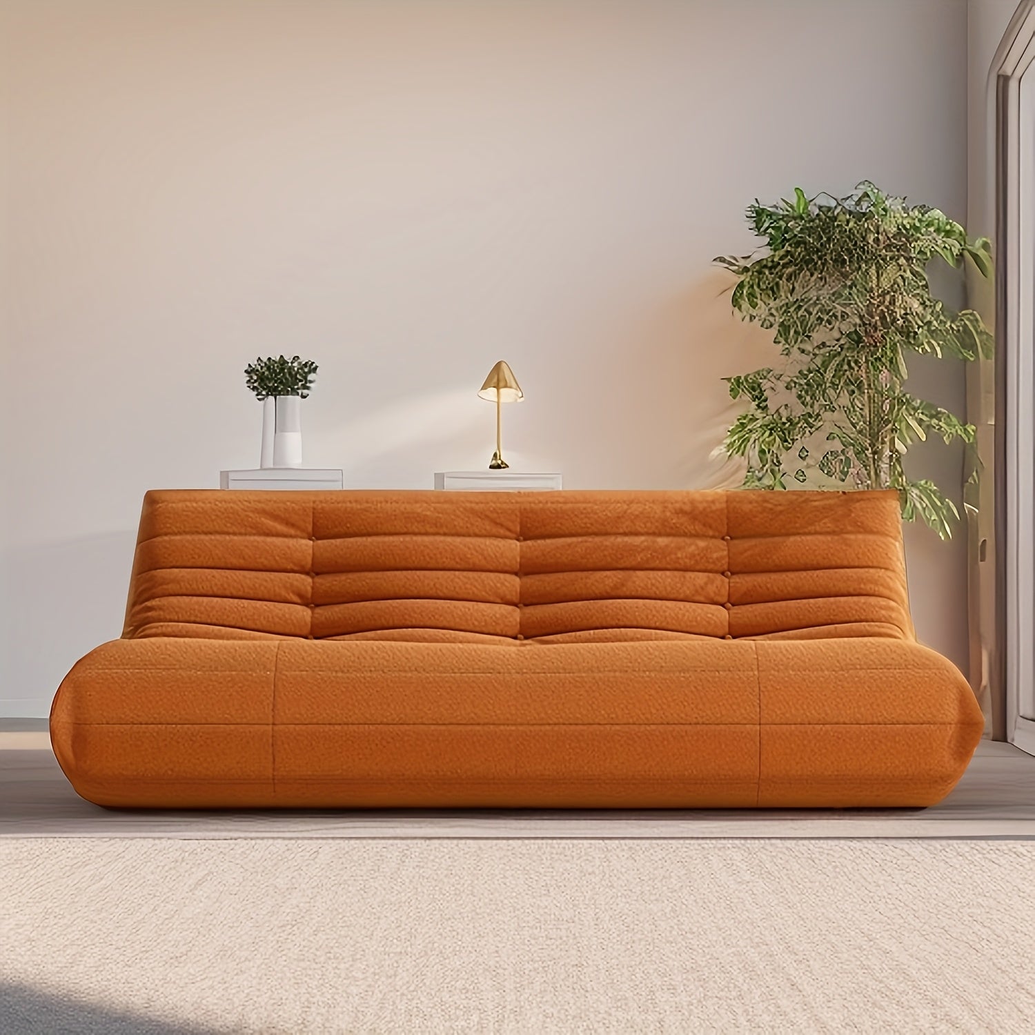 Triple Seat Teddy Fleece Minimalist Living Room Sofa | Tatami Floor, Modular Loveseat, Bedroom Reading Chair, Contemporary Style with Embellishment, Mixed Color