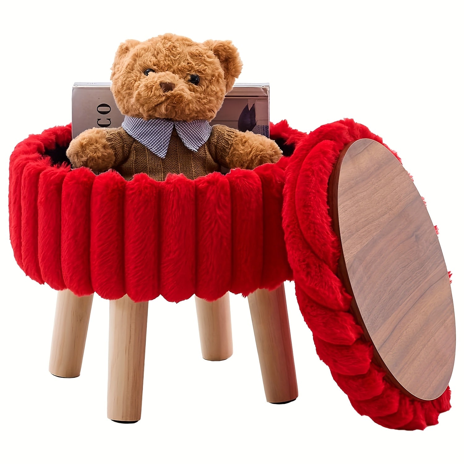 Storage Ottoman, Modern Round with Soft Padded Teddy Velvet Seat & Wood Legs, Multifunctional Footrest Footstool Accent Table or Plant Stand, Suitable for Living Room Hallway Small Spaces, Space-Saving Furniture