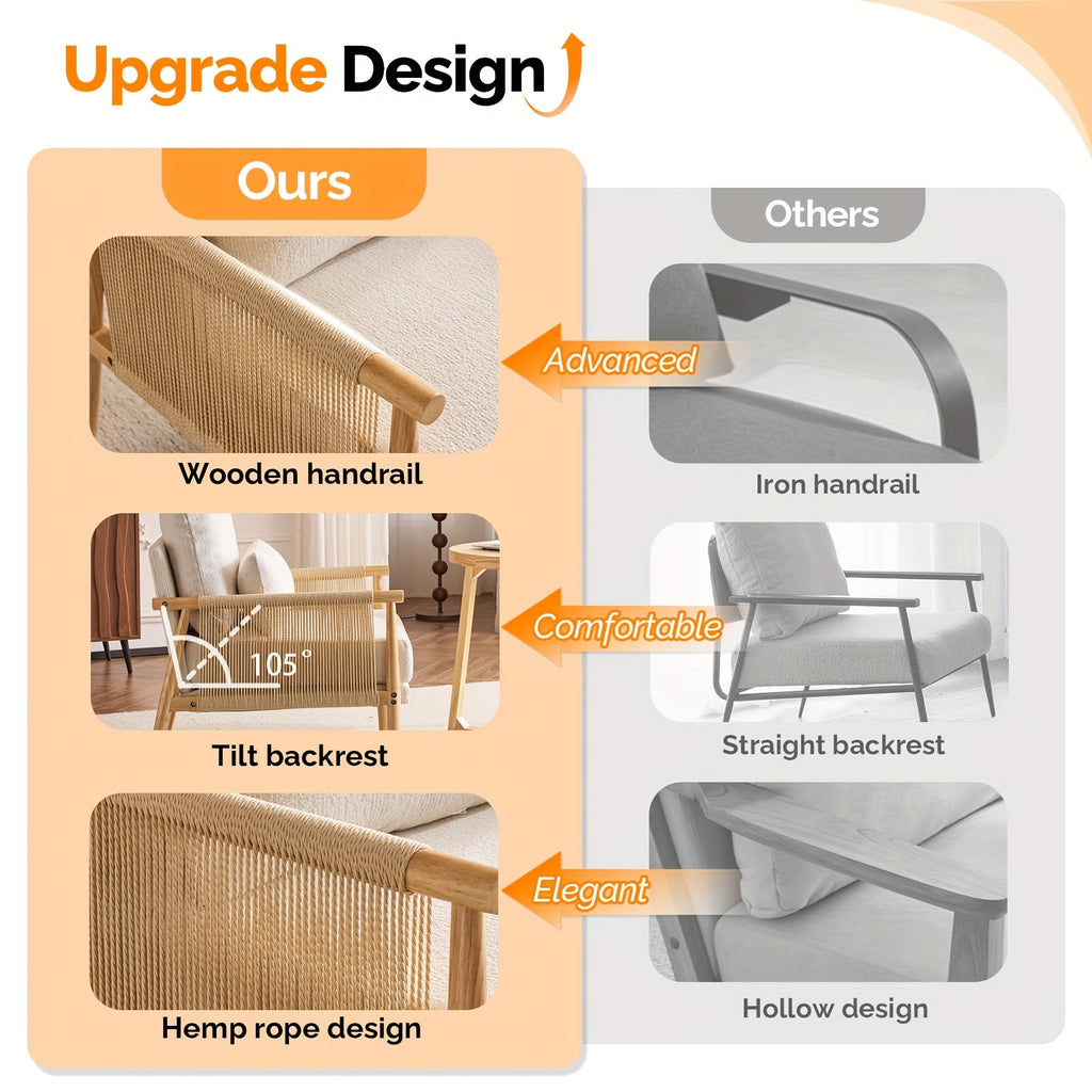 Bonnlo Mid-Century Modern Accent Chair with Solid Wooden Armrests & Waist Pillow - Foam-Padded Chenille Louge Armchair Suitable for, Reading Nook, Compact Spaces - Stylish Comfortable Armchair (No Assembly)