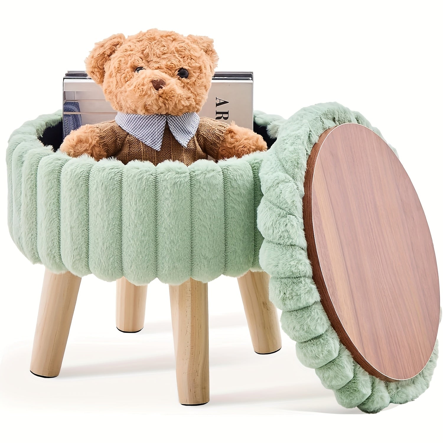 Storage Ottoman, Modern Round with Soft Padded Teddy Velvet Seat & Wood Legs, Multifunctional Footrest Footstool Accent Table or Plant Stand, Suitable for Living Room Hallway Small Spaces, Space-Saving Furniture