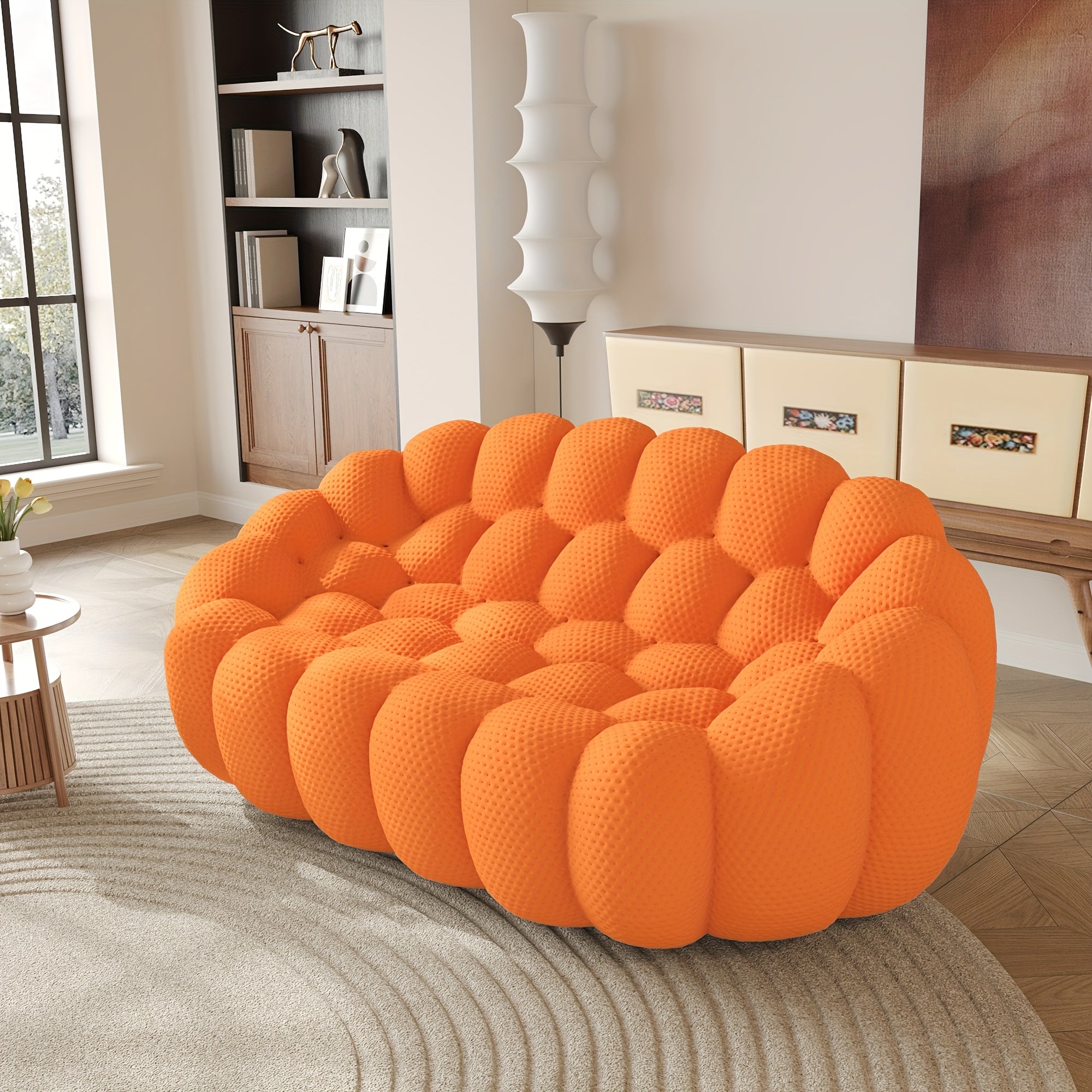 98'' Modern Upholstered Curved Sofa, 3 Seater Mesh Fabric Floor Sofa, 3D Honeycomb Shape Curved Couch for Living Room