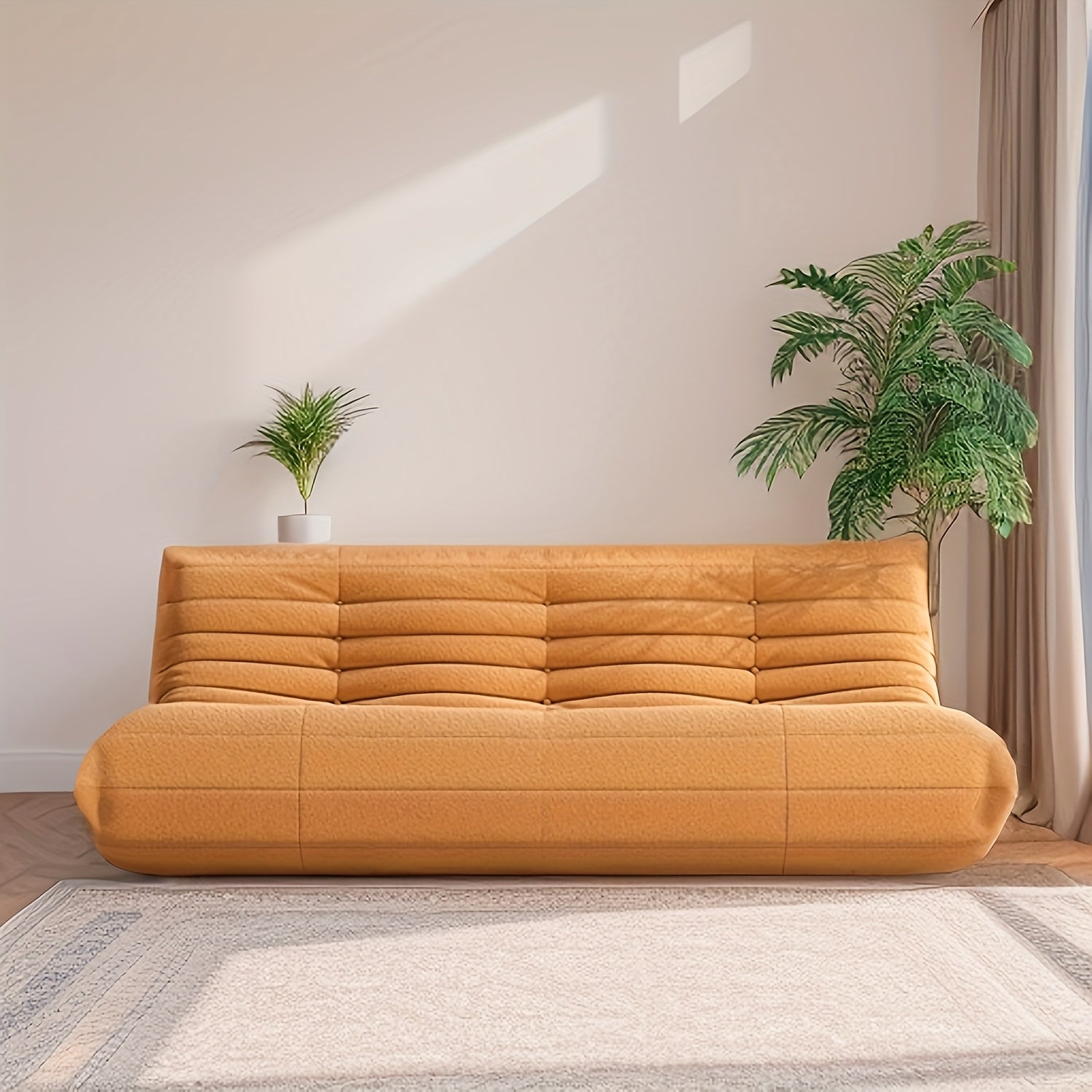 Triple Seat Teddy Fleece Minimalist Living Room Sofa | Tatami Floor, Modular Loveseat, Bedroom Reading Chair, Contemporary Style with Embellishment, Mixed Color