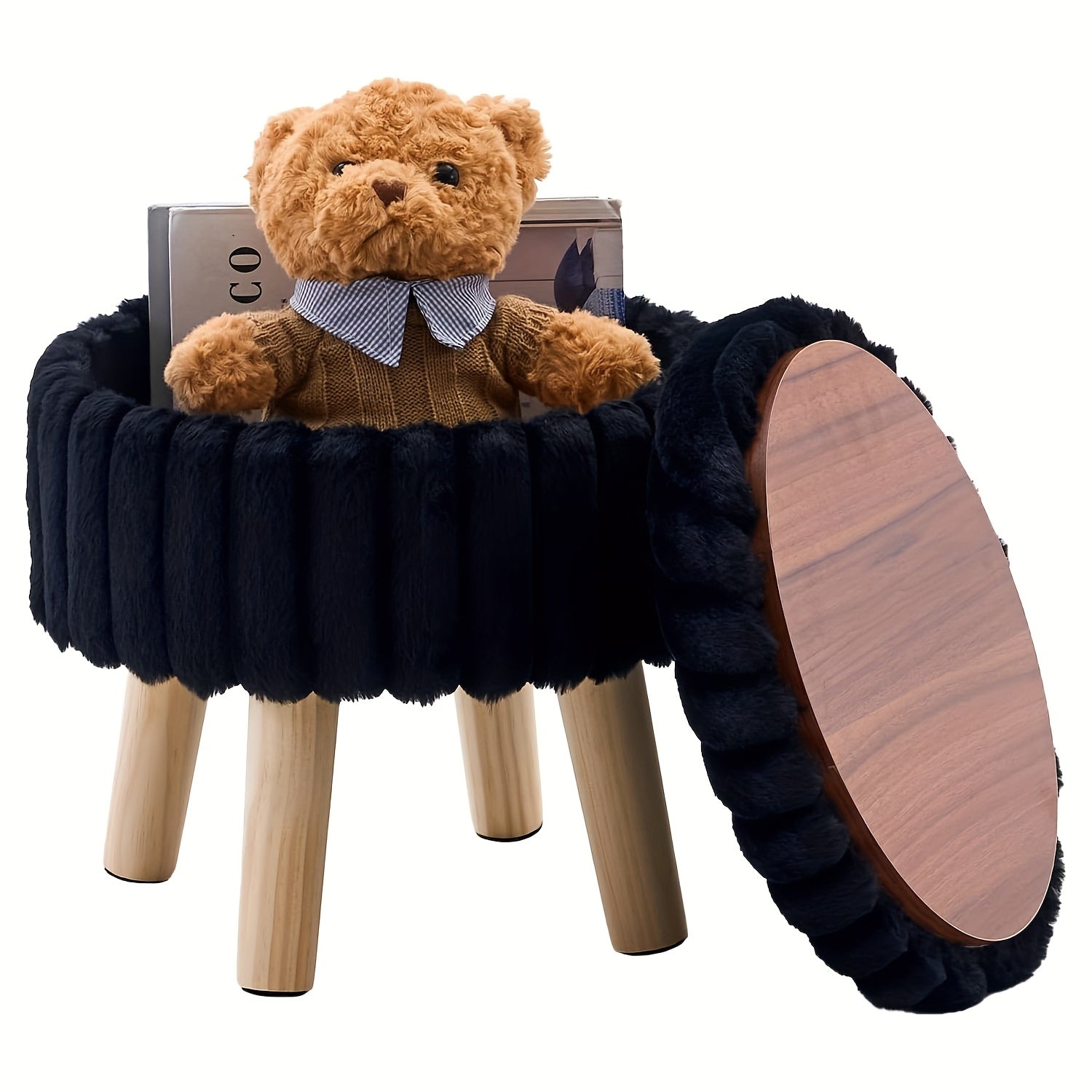 Storage Ottoman, Modern Round with Soft Padded Teddy Velvet Seat & Wood Legs, Multifunctional Footrest Footstool Accent Table or Plant Stand, Suitable for Living Room Hallway Small Spaces, Space-Saving Furniture