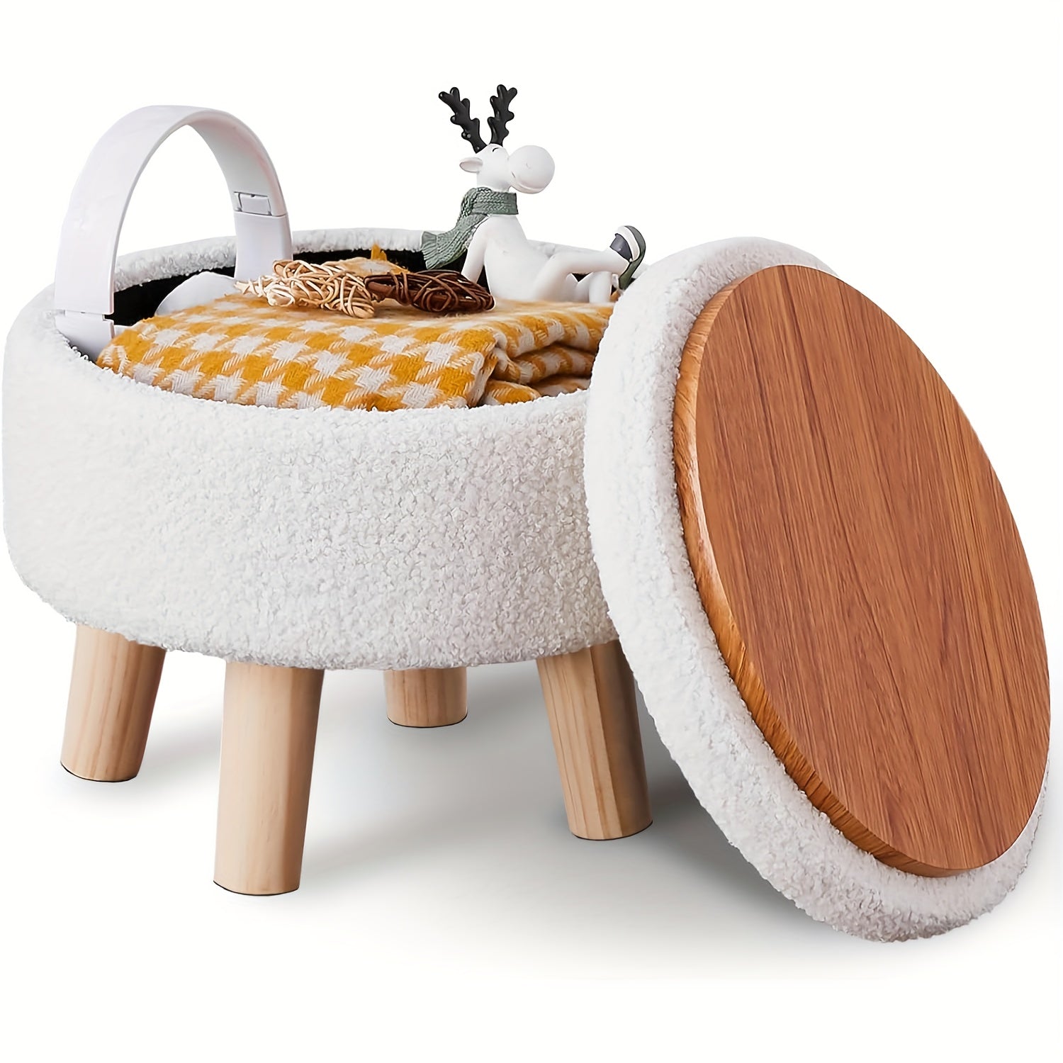 Storage Ottoman, Modern Round with Soft Padded Teddy Velvet Seat & Wood Legs, Multifunctional Footrest Footstool Accent Table or Plant Stand, Suitable for Living Room Hallway Small Spaces, Space-Saving Furniture