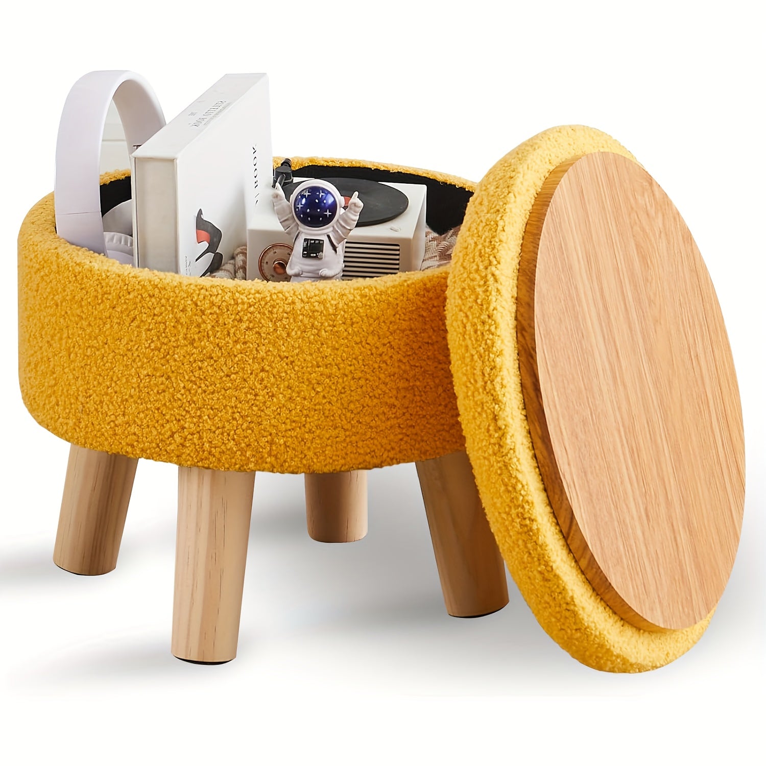 Storage Ottoman, Modern Round with Soft Padded Teddy Velvet Seat & Wood Legs, Multifunctional Footrest Footstool Accent Table or Plant Stand, Suitable for Living Room Hallway Small Spaces, Space-Saving Furniture