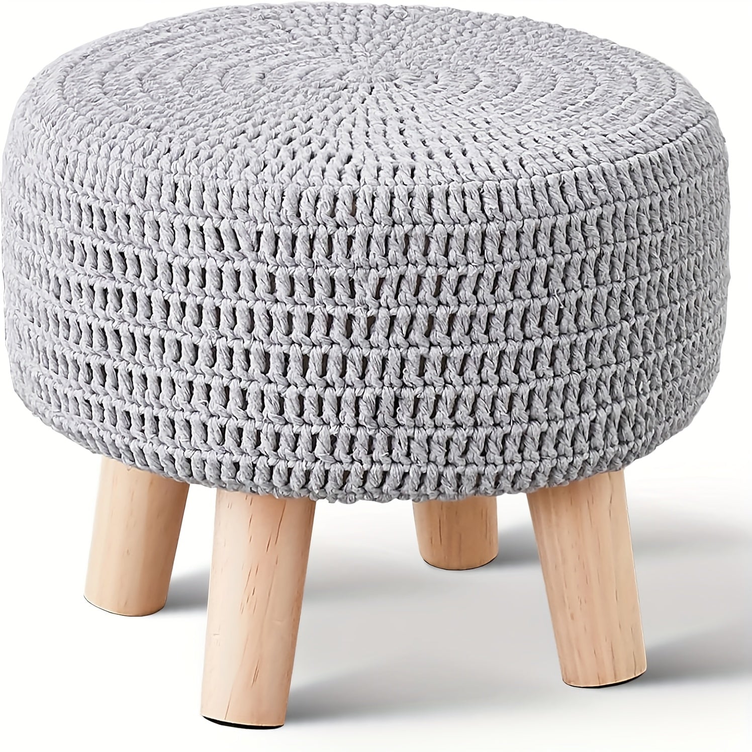 Small Ottomans, 100% Hand Knitted Pouf, Round Footrest with 4 Non-Skid Wood Legs, Boho Decor Cotton Rope Pouffe Beside Sofa, Leisure Floor Step Chair for Living Room