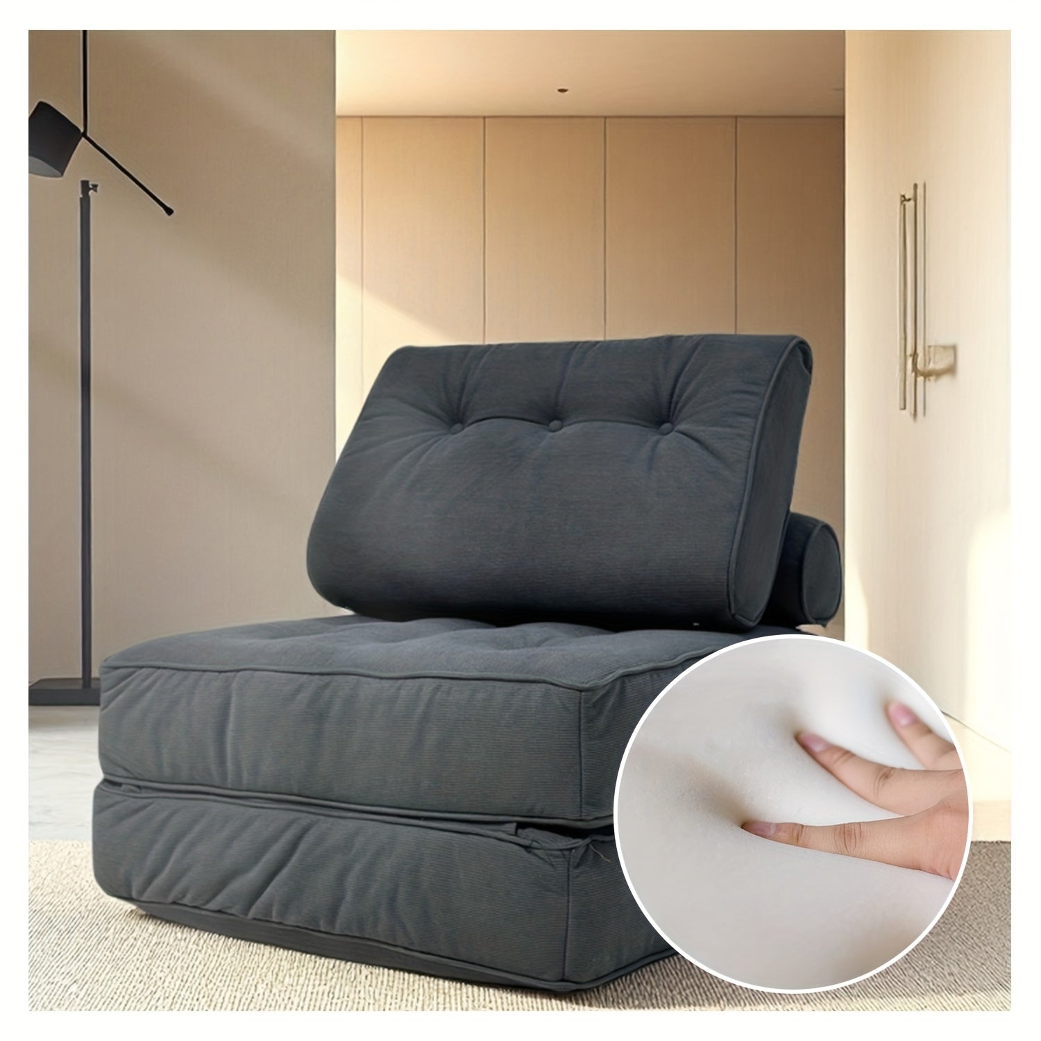 Multi-Functional Folding Sofa Bed - Single Size Beige Convertible Sleeper Chair with Pillows, Foldable Mattress W\u002FBack Support, Portable Floor Lounge Chair for Living Room Bedroom Small Space, Sofa Chair Bed, Comfy Couch (Filler Included)