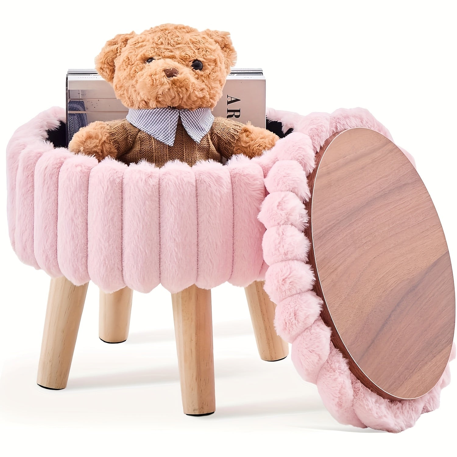 Storage Ottoman, Modern Round with Soft Padded Teddy Velvet Seat & Wood Legs, Multifunctional Footrest Footstool Accent Table or Plant Stand, Suitable for Living Room Hallway Small Spaces, Space-Saving Furniture