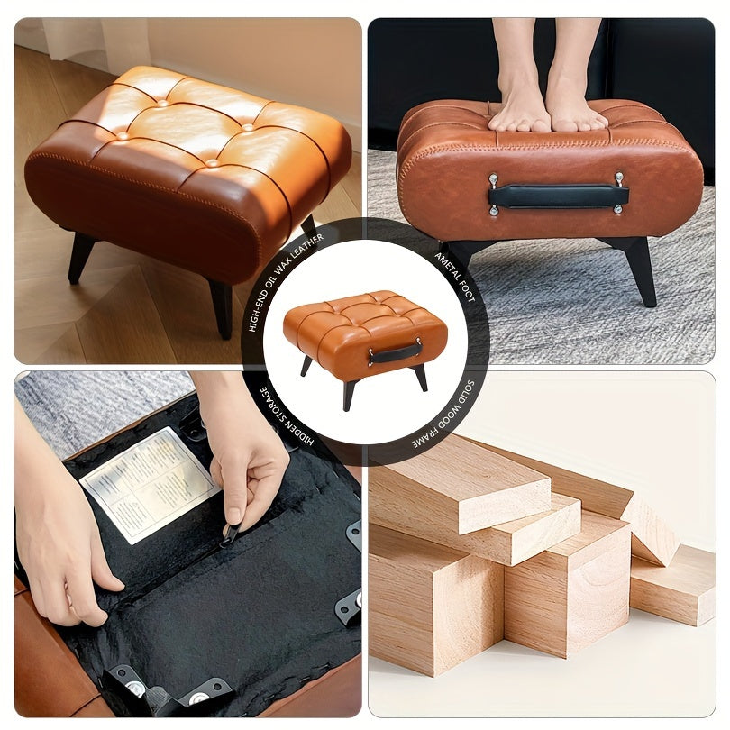 1pc High Quality Oil Wax Leather Low Stools, Footstools, Leather Padded Footstools, Stylish & Versatile For Sofa End, Shoe Changing Stools For Living Rooms, Corridors, Foyers, Entrance, Bedroom, Home Decor Furniture, Furniture For Home