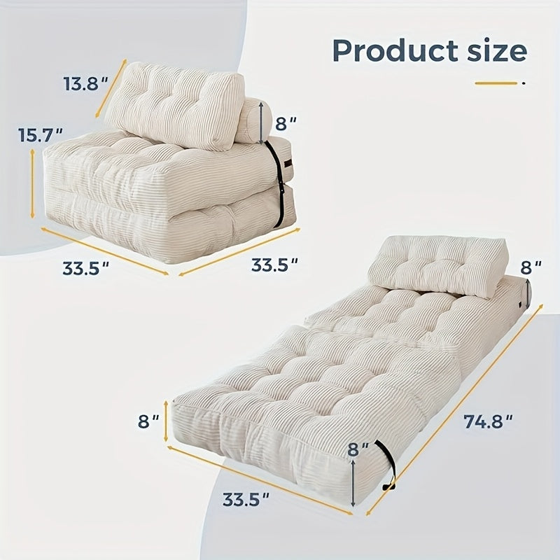 Multi-Functional Folding Sofa Bed - Single Size Beige Convertible Sleeper Chair with Pillows, Foldable Mattress W\u002FBack Support, Portable Floor Lounge Chair for Living Room Bedroom Small Space, Sofa Chair Bed, Comfy Couch (Filler Included)