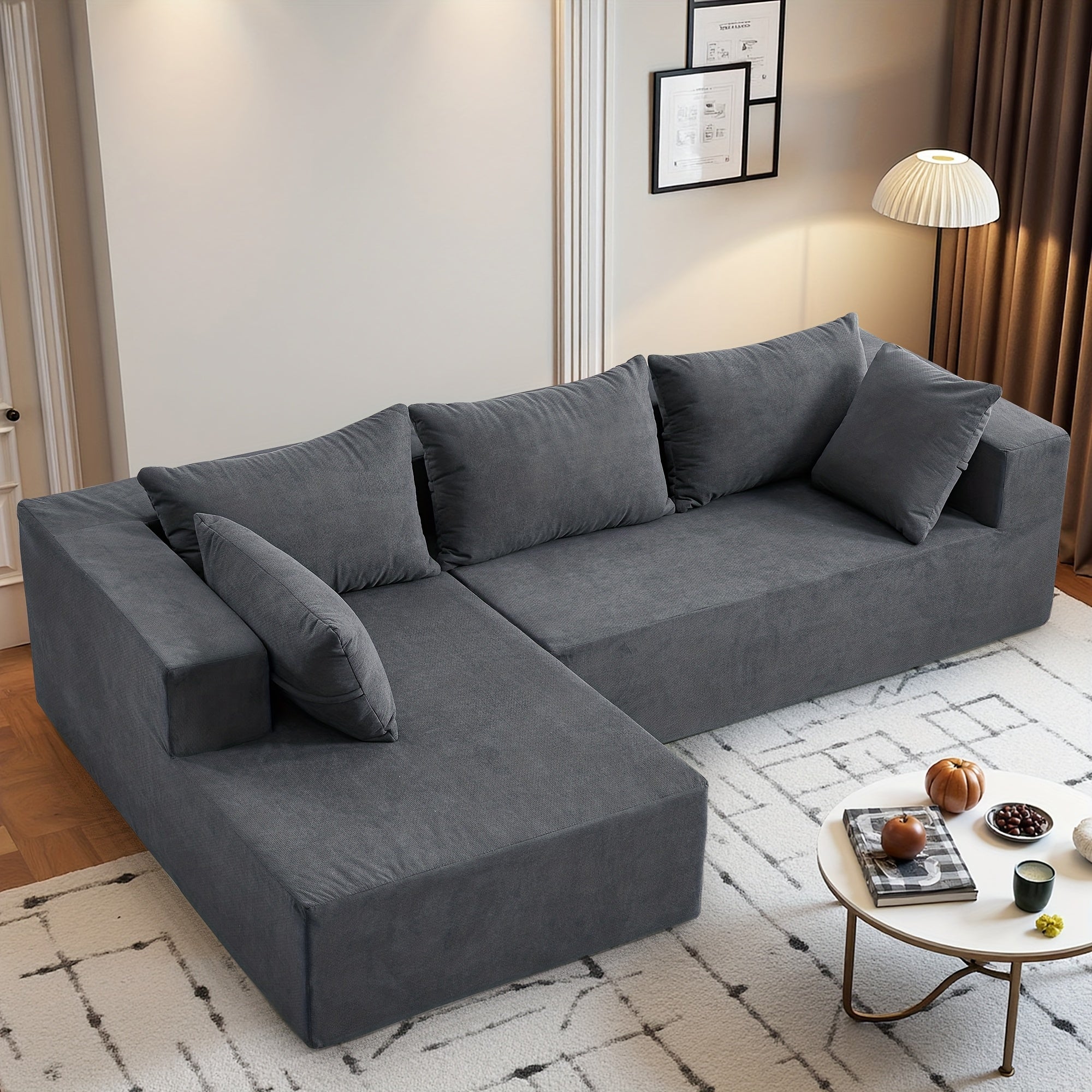 108-inch Living Room Chaise Lounge Sofa, 4 Combination Options, L-shaped Pure Foam Cloud Sofa Bed, Features Deep Seating And Multiple Throw Pillows, No Assembly Required Floor Sofa, Faux Velvet Material, Perfect for The Living Room, Christmas Gift.