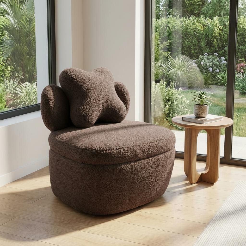 Soft Bear Accent Chair | Soft Boucle Cloud Shape Armchair for Living Room or Bedroom, Cute Cozy Sofa, Brown Soft Fabric, Solid Back Style, Spot-clean Care, Non-Adjustable, Hard Floor Recommended, Brand: WARMTOBABY