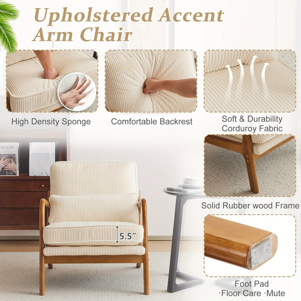 Bonnlo Wide Armrests Accent Chair, Mid Century Modern Chair with Pillow, Comfy Upholstered Chair Farmhouse Arm Chair