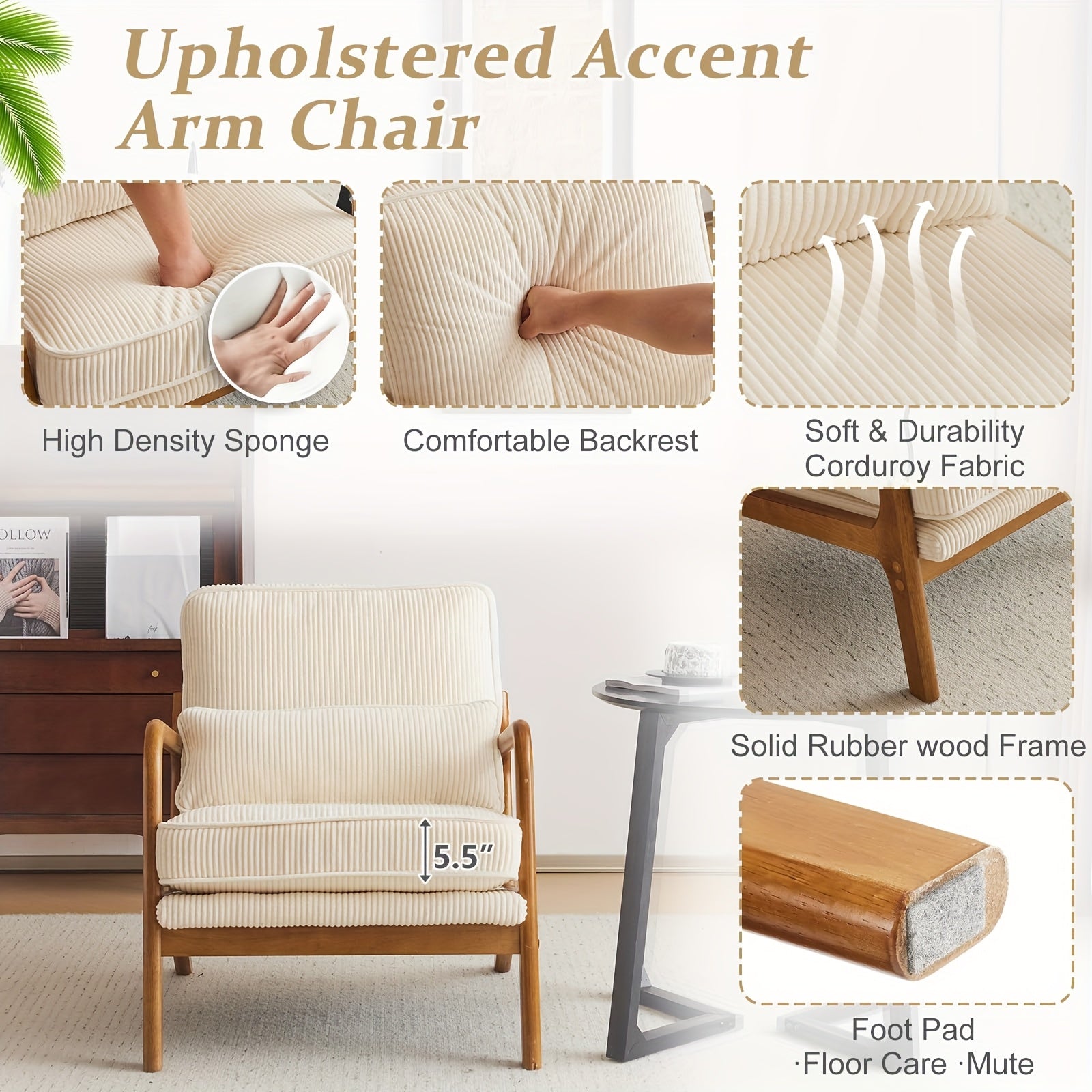 Bonnlo Wide Armrests Accent Chair, Mid Century Modern Chair with Pillow, Comfy Upholstered Chair Farmhouse Arm Chair