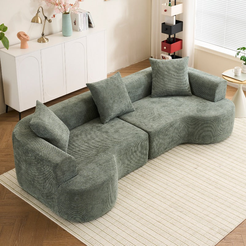Contemporary Curved Sofa Featuring Green Corduroy Fabric And Creamy White Smooth Material - Comfortable L-Shaped Sectional Sofa Accompanied by 3 Cushions, Luxurious for Living Room, Sturdy And Easy to Clean Furniture