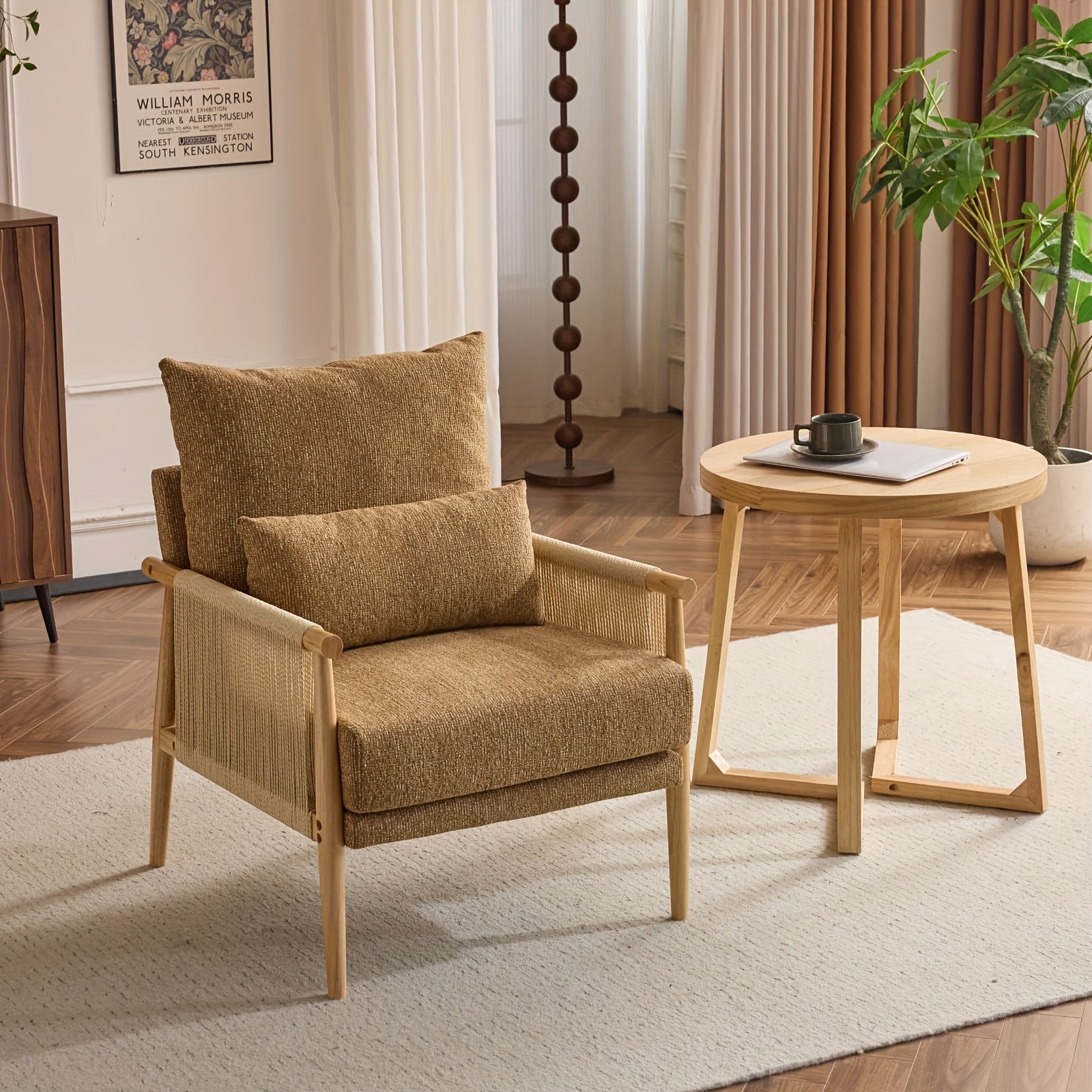 Bonnlo Mid-Century Modern Accent Chair with Solid Wooden Armrests & Waist Pillow - Foam-Padded Chenille Louge Armchair Suitable for, Reading Nook, Compact Spaces - Stylish Comfortable Armchair (No Assembly)