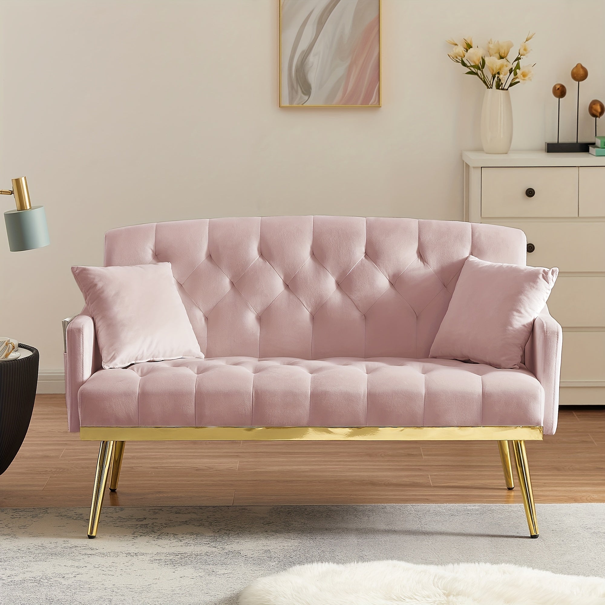 Chic Pink Tufted Loveseat Sofa with Golden Metal Legs & Hardwood Frame - Includes 2 Square Pillows, Side Pockets, and Modern Design for Living Room Comfort, Modern Loveseat | Tufted Upholstery | Decorative Stitching, Sofa for Living Room