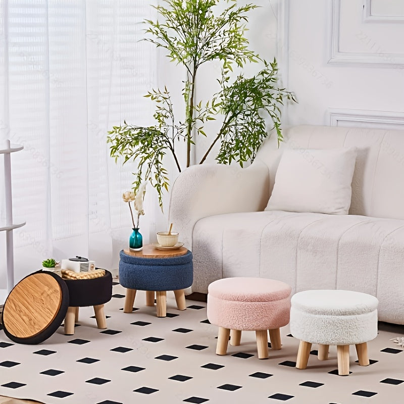 Storage Ottoman, Modern Round with Soft Padded Teddy Velvet Seat & Wood Legs, Multifunctional Footrest Footstool Accent Table or Plant Stand, Suitable for Living Room Hallway Small Spaces, Space-Saving Furniture