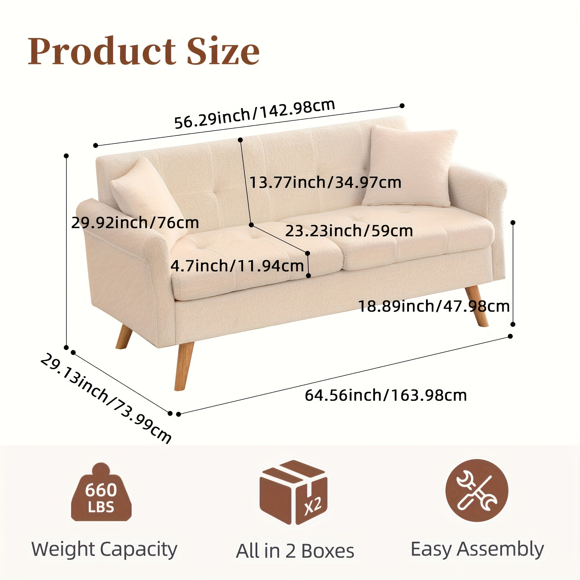 Loveseat Sofa, Beige Love Seat Couches With Throw Pillow, Boucle Small Sofa For Living Room, Bedroom, Office, Button Tufted Upholstered Furniture, Easy To Install