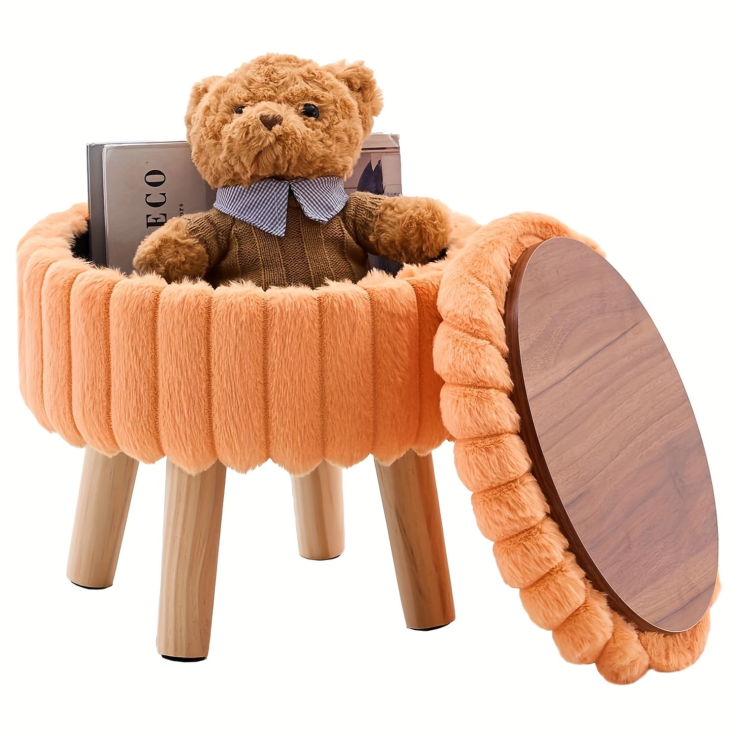Storage Ottoman, Modern Round with Soft Padded Teddy Velvet Seat & Wood Legs, Multifunctional Footrest Footstool Accent Table or Plant Stand, Suitable for Living Room Hallway Small Spaces, Space-Saving Furniture