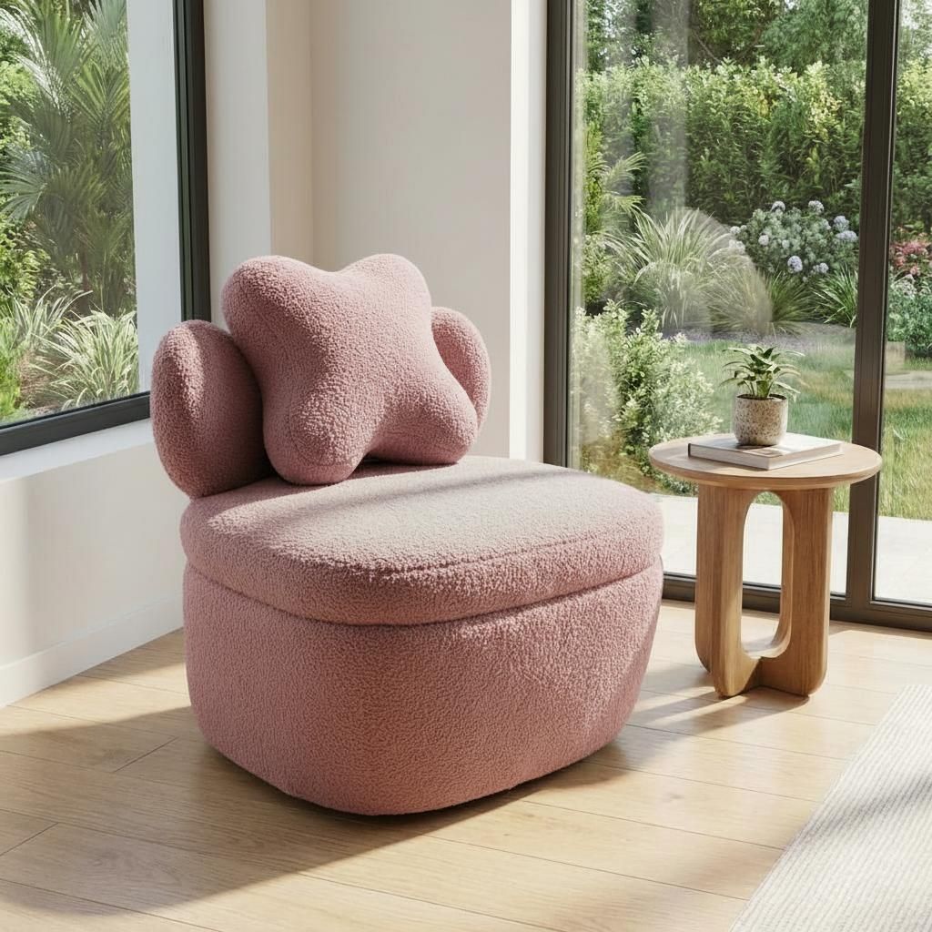 Soft Bear Accent Chair | Soft Boucle Cloud Shape Armchair for Living Room or Bedroom, Cute Cozy Sofa, Brown Soft Fabric, Solid Back Style, Spot-clean Care, Non-Adjustable, Hard Floor Recommended, Brand: WARMTOBABY