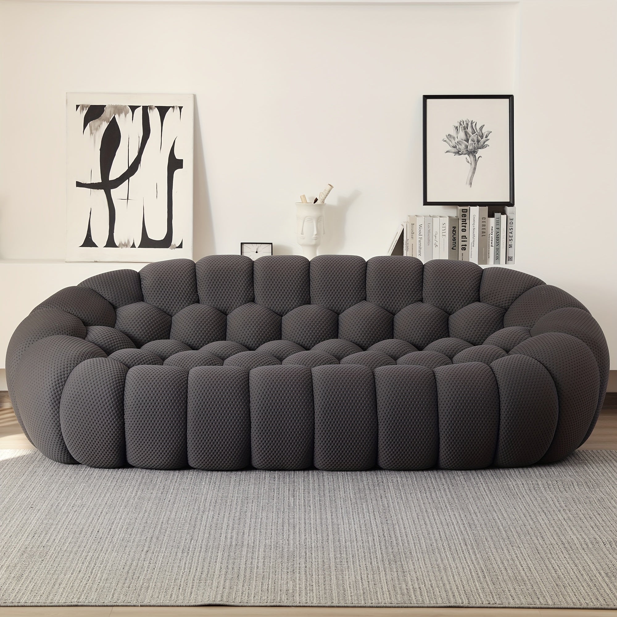 98'' Modern Upholstered Curved Sofa, 3 Seater Mesh Fabric Floor Sofa, 3D Honeycomb Shape Curved Couch for Living Room