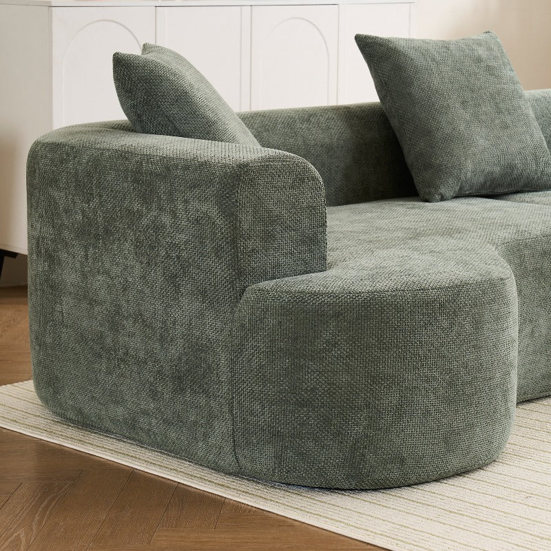 Contemporary Curved Sofa Featuring Green Corduroy Fabric And Creamy White Smooth Material - Comfortable L-Shaped Sectional Sofa Accompanied by 3 Cushions, Luxurious for Living Room, Sturdy And Easy to Clean Furniture
