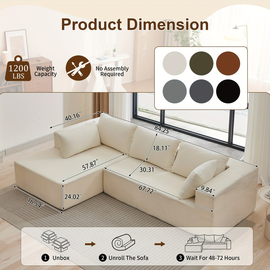 108-inch Living Room Chaise Lounge Sofa, 4 Combination Options, L-shaped Pure Foam Cloud Sofa Bed, Features Deep Seating And Multiple Throw Pillows, No Assembly Required Floor Sofa, Faux Velvet Material, Perfect for The Living Room, Christmas Gift.