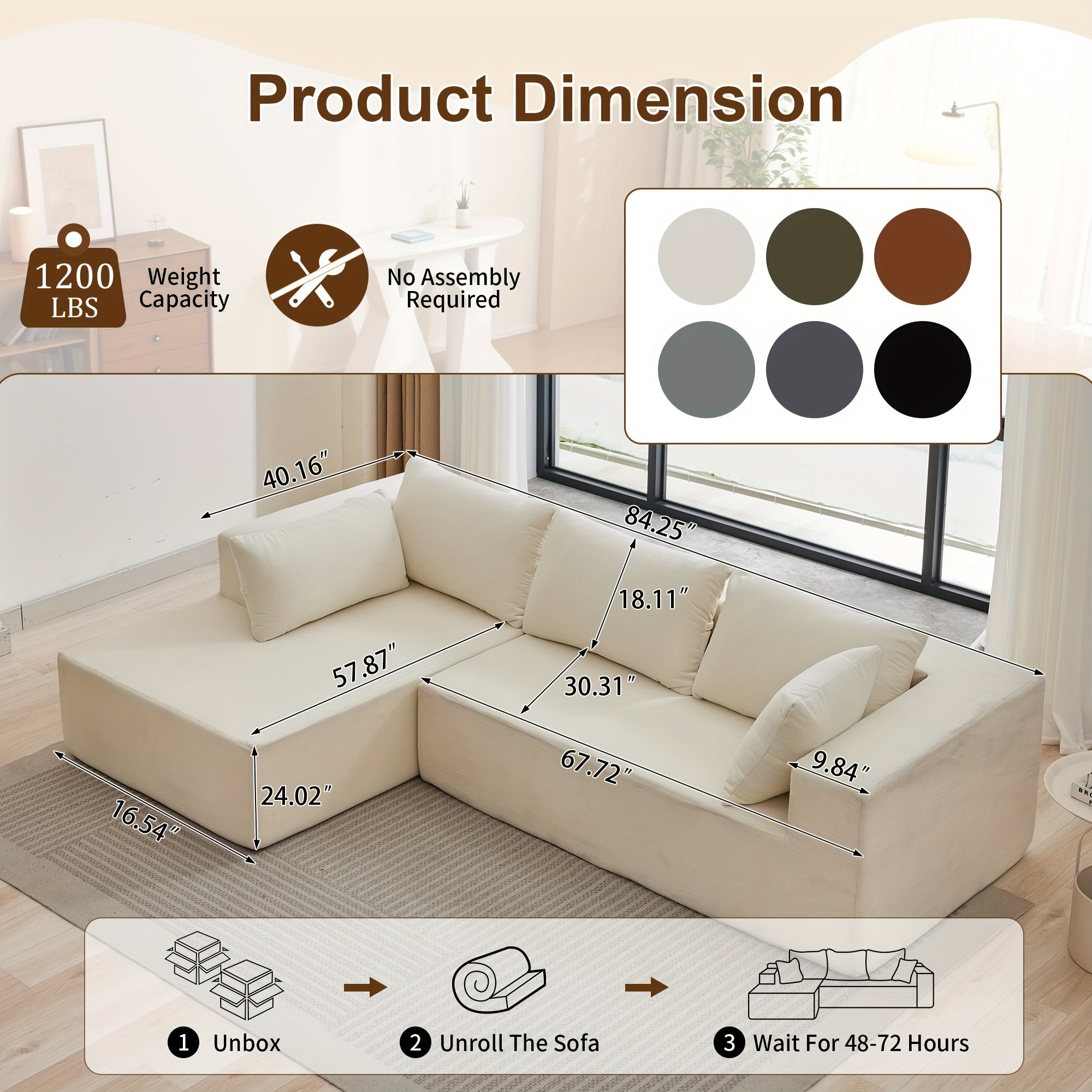 108-inch Living Room Chaise Lounge Sofa, 4 Combination Options, L-shaped Pure Foam Cloud Sofa Bed, Features Deep Seating And Multiple Throw Pillows, No Assembly Required Floor Sofa, Faux Velvet Material, Perfect for The Living Room, Christmas Gift.