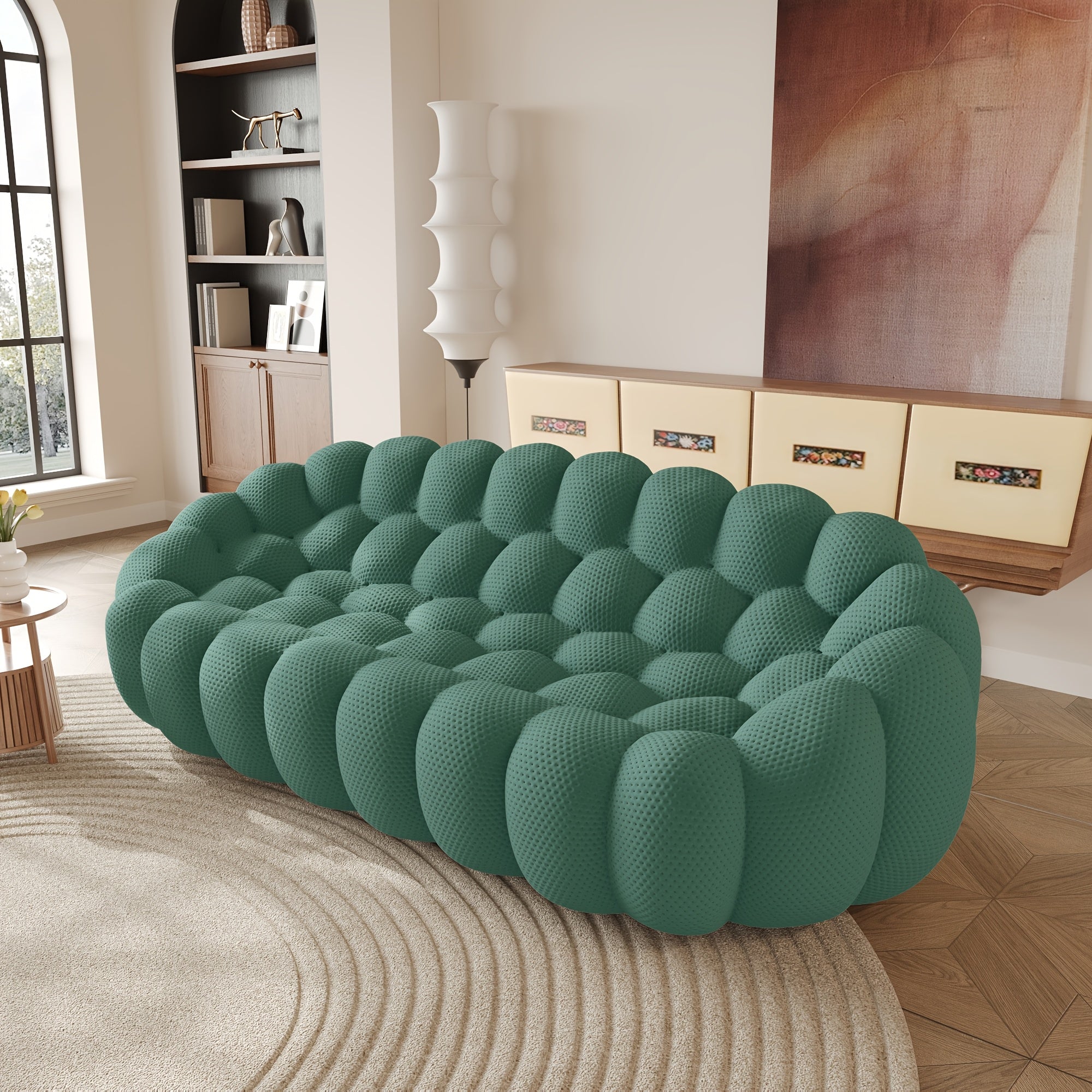 98'' Modern Upholstered Curved Sofa, 3 Seater Mesh Fabric Floor Sofa, 3D Honeycomb Shape Curved Couch for Living Room