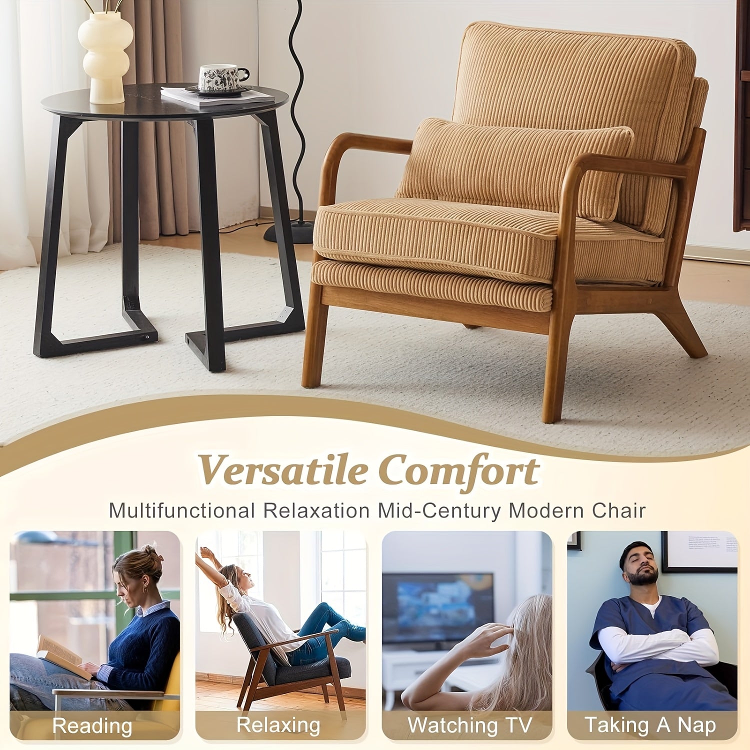 Mid-Century Modern Accent Chair, Living Room Chairs with Pillow Corduroy Upholstered Lounge Armchair with Solid Wood Frame & Soft Cushion for Bedroom, Reading Room, Low Back, 23.62\