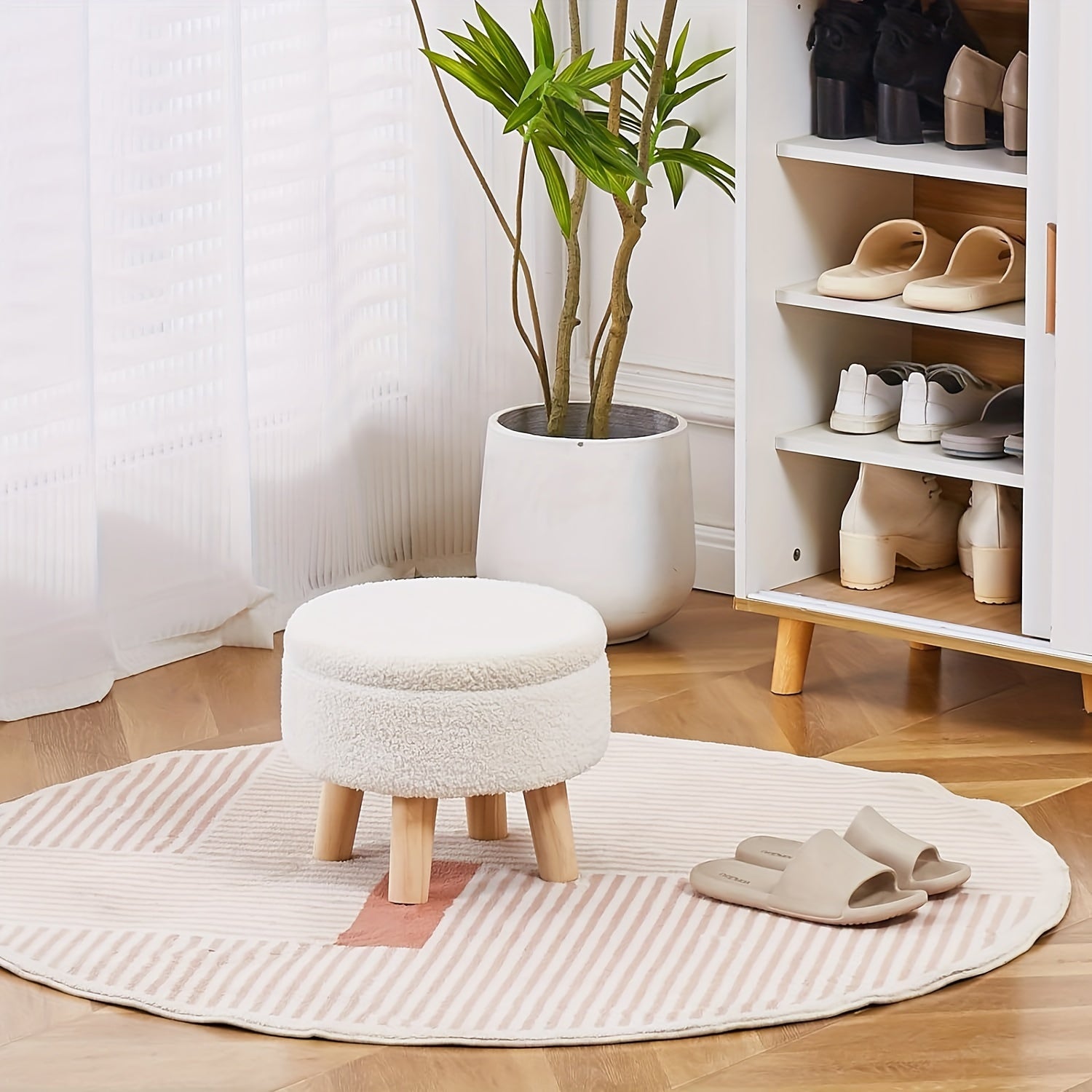 Storage Ottoman, Modern Round with Soft Padded Teddy Velvet Seat & Wood Legs, Multifunctional Footrest Footstool Accent Table or Plant Stand, Suitable for Living Room Hallway Small Spaces, Space-Saving Furniture