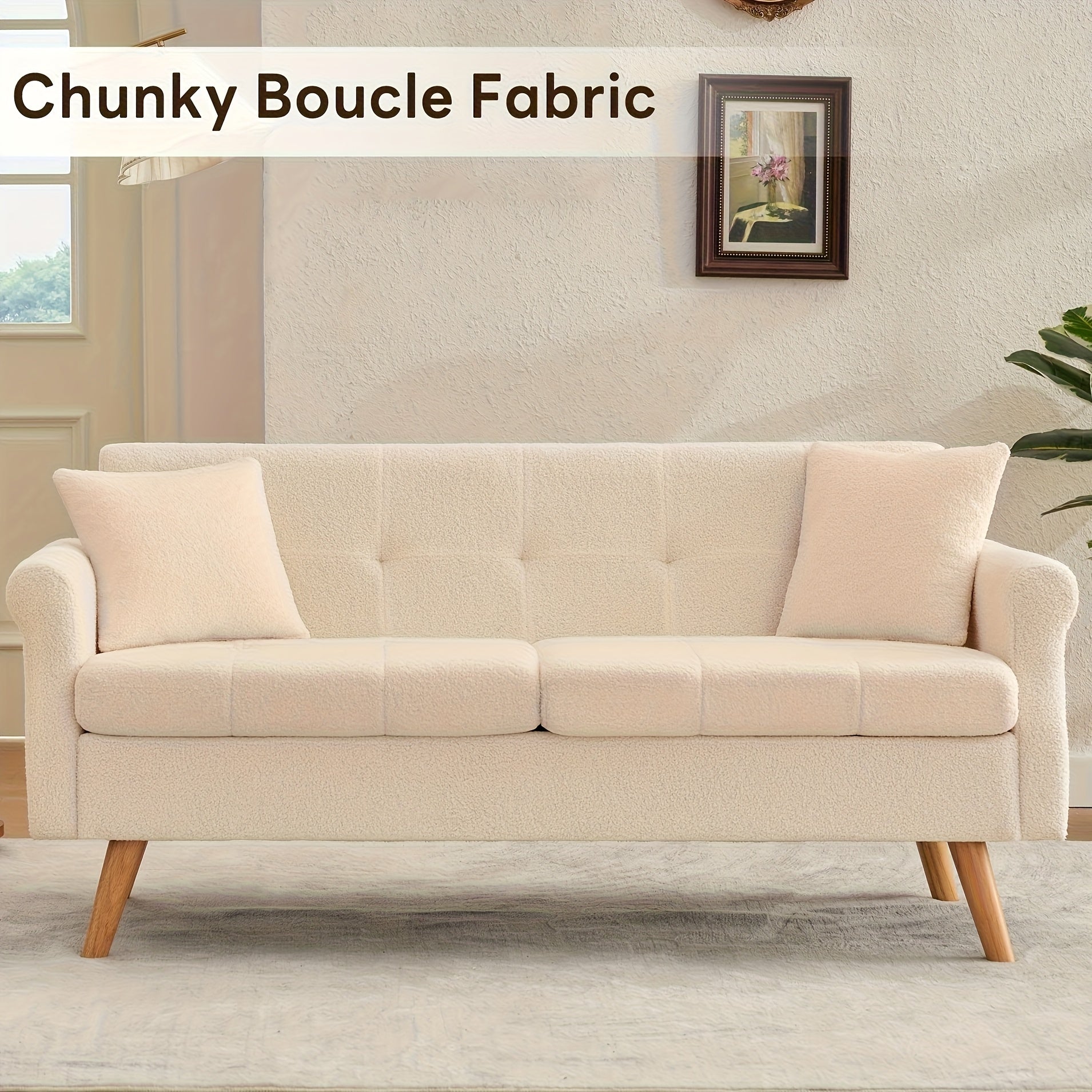 Loveseat Sofa, Beige Love Seat Couches With Throw Pillow, Boucle Small Sofa For Living Room, Bedroom, Office, Button Tufted Upholstered Furniture, Easy To Install