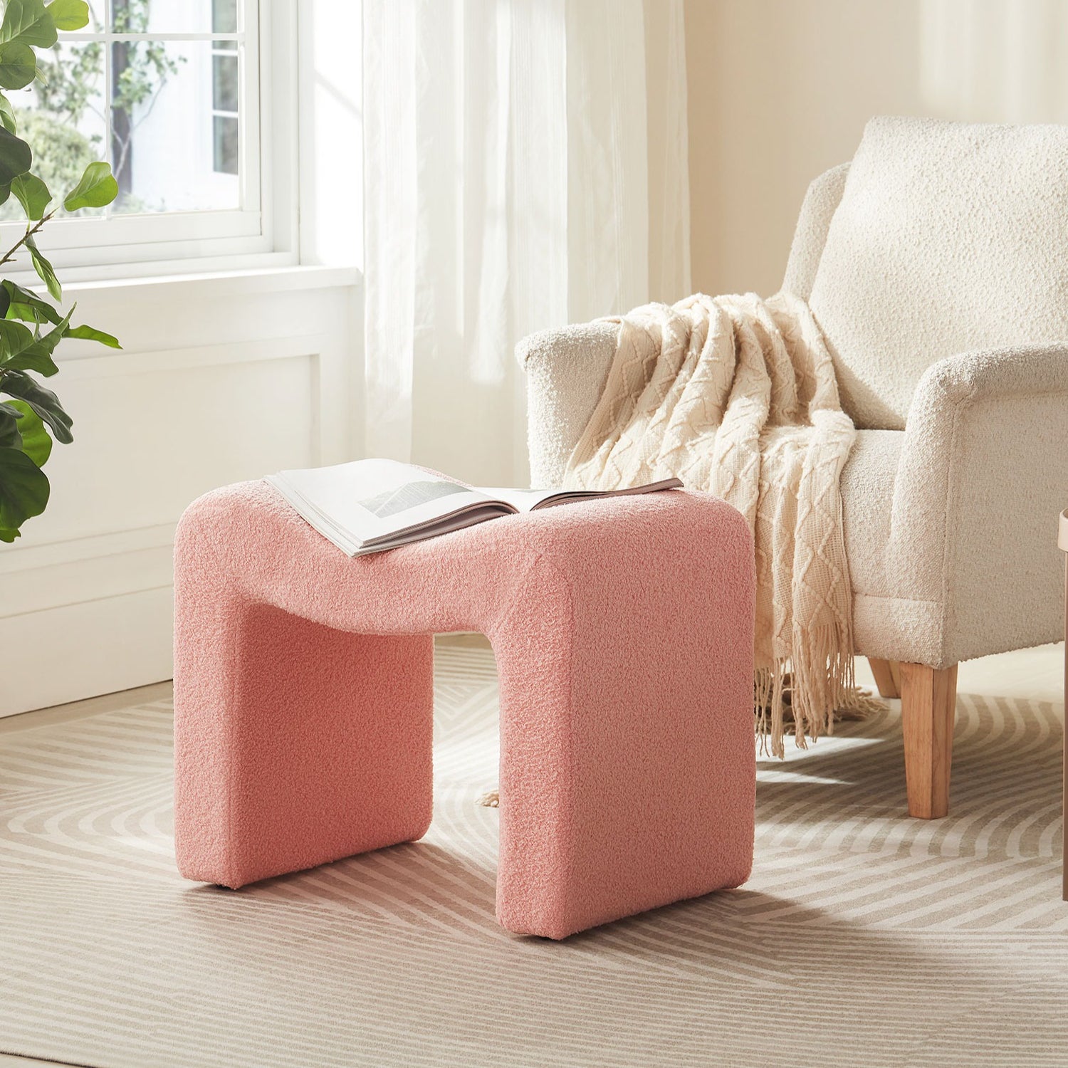 Ottoman Set of 1-2 Vanity Stool Chair Seating Backless Modern Foot Rest Teddy Velvet Small Footstool Ottoman for Makeup Room Living Room Bedroom Entryway