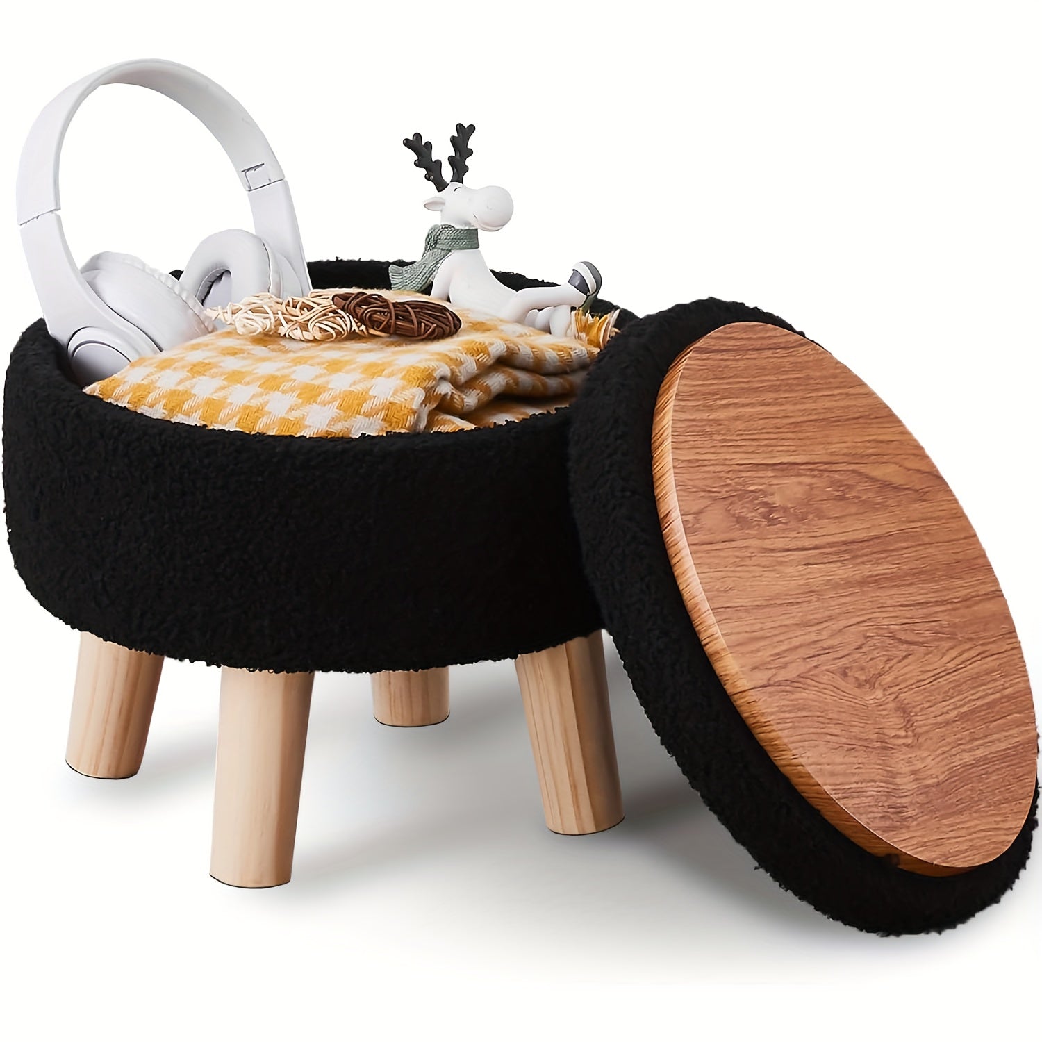 Storage Ottoman, Modern Round with Soft Padded Teddy Velvet Seat & Wood Legs, Multifunctional Footrest Footstool Accent Table or Plant Stand, Suitable for Living Room Hallway Small Spaces, Space-Saving Furniture