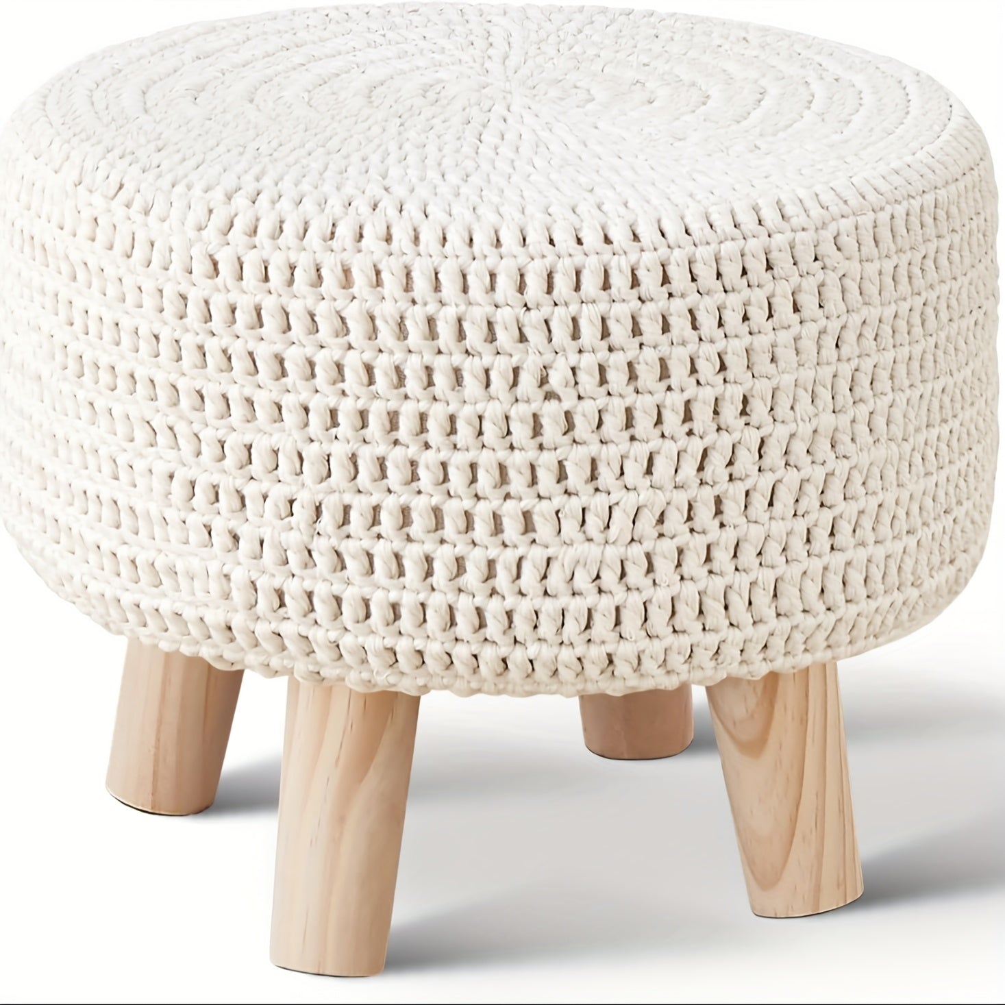 Small Ottomans, 100% Hand Knitted Pouf, Round Footrest with 4 Non-Skid Wood Legs, Boho Decor Cotton Rope Pouffe Beside Sofa, Leisure Floor Step Chair for Living Room