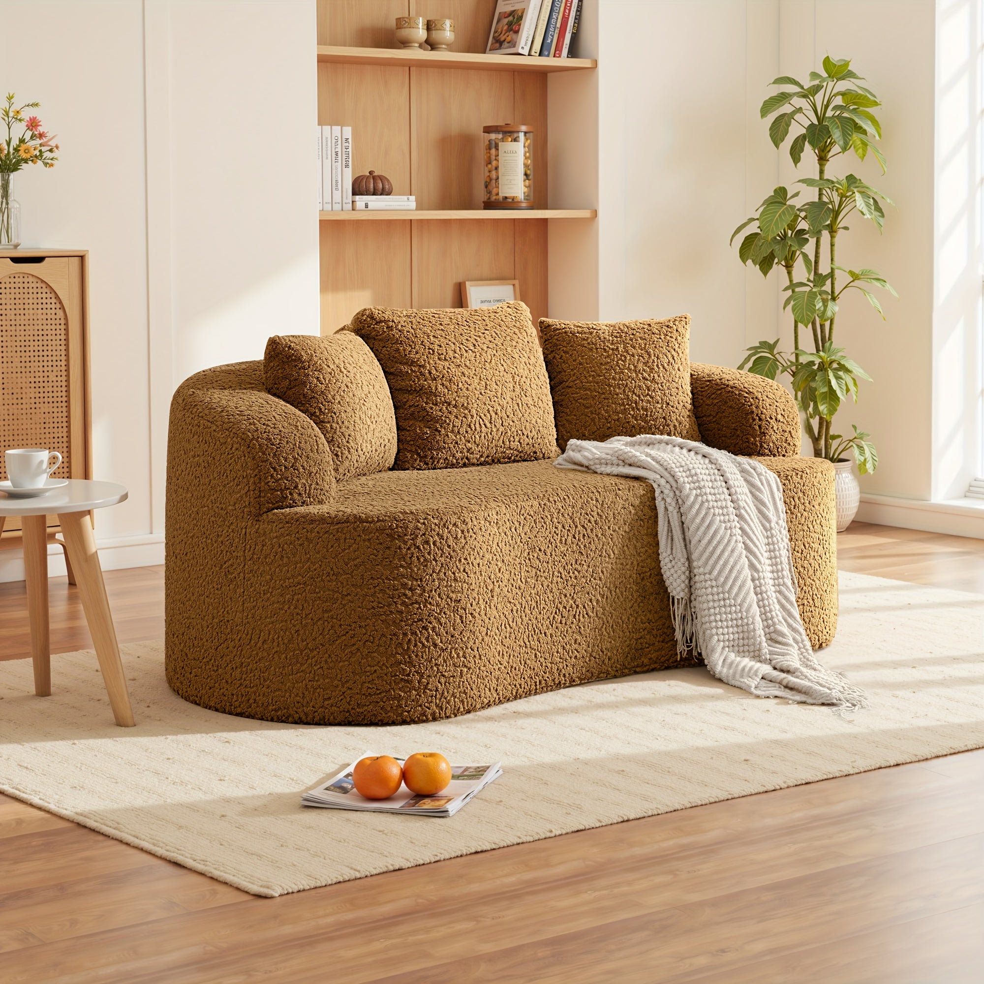 RIKADE Curved Compression Sofa, No-Assembly Plush Back Memory Foam & Acetate Fabric, Elegant Furniture for Living Room, 3 Colors (Brown\u002FBeige\u002FNavy)