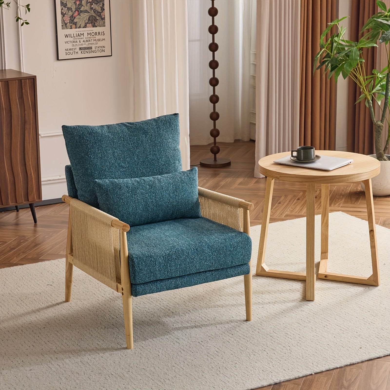 Bonnlo Mid-Century Modern Accent Chair with Solid Wooden Armrests & Waist Pillow - Foam-Padded Chenille Louge Armchair Suitable for, Reading Nook, Compact Spaces - Stylish Comfortable Armchair (No Assembly)