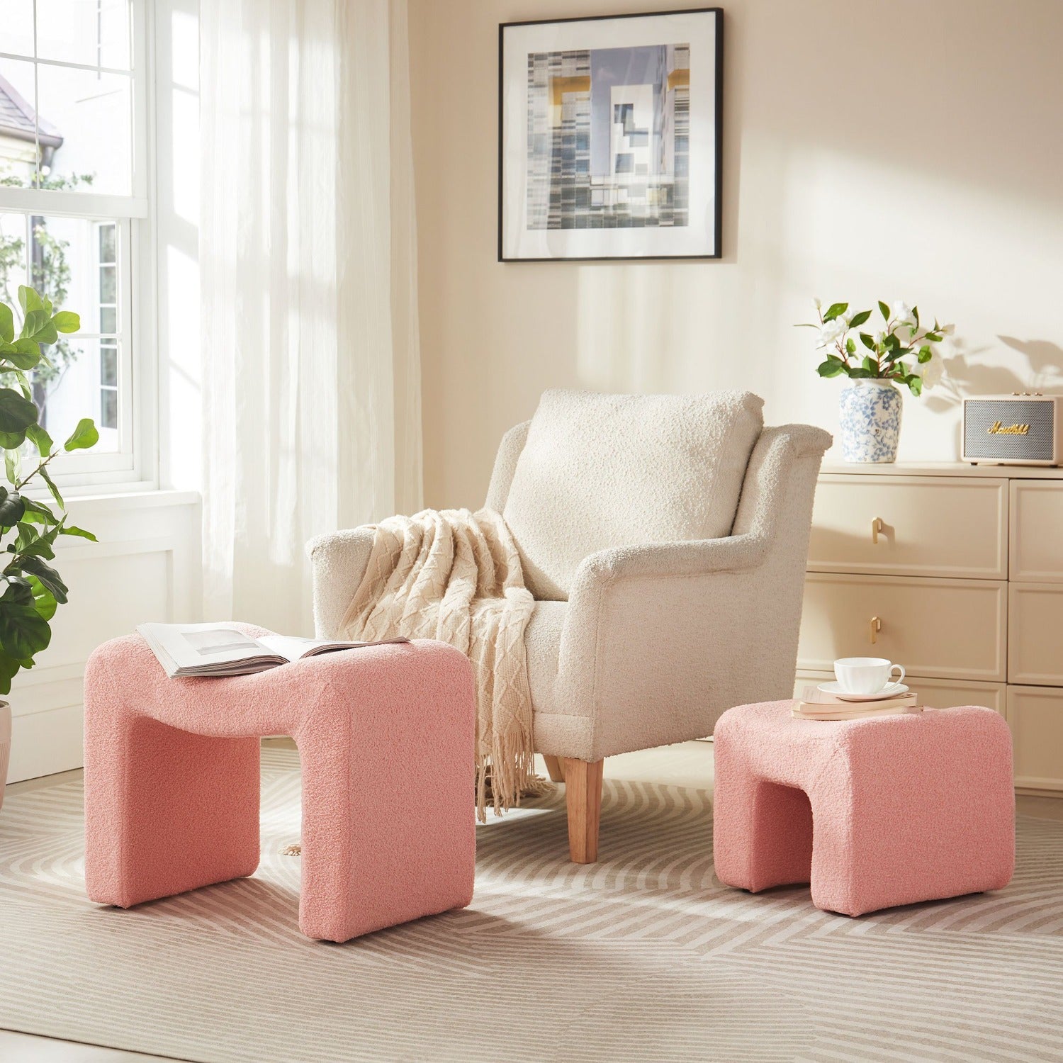 Ottoman Set of 1-2 Vanity Stool Chair Seating Backless Modern Foot Rest Teddy Velvet Small Footstool Ottoman for Makeup Room Living Room Bedroom Entryway