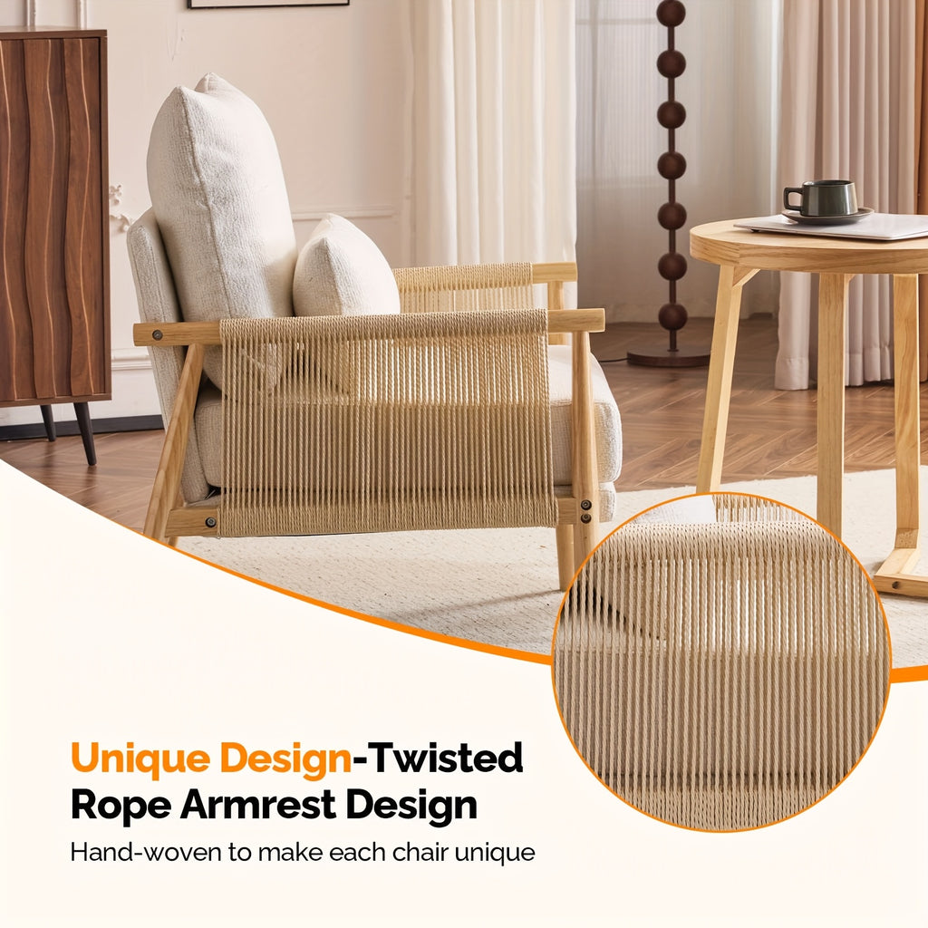 Bonnlo Mid-Century Modern Accent Chair with Solid Wooden Armrests & Waist Pillow - Foam-Padded Chenille Louge Armchair Suitable for, Reading Nook, Compact Spaces - Stylish Comfortable Armchair (No Assembly)