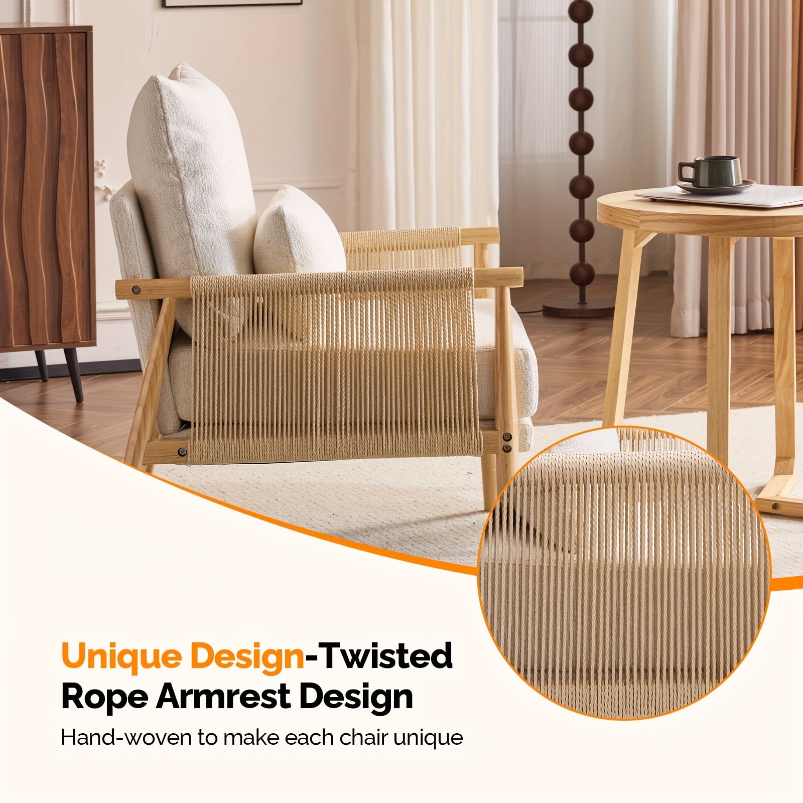 Bonnlo Mid-Century Modern Accent Chair with Solid Wooden Armrests & Waist Pillow - Foam-Padded Chenille Louge Armchair Suitable for, Reading Nook, Compact Spaces - Stylish Comfortable Armchair (No Assembly)