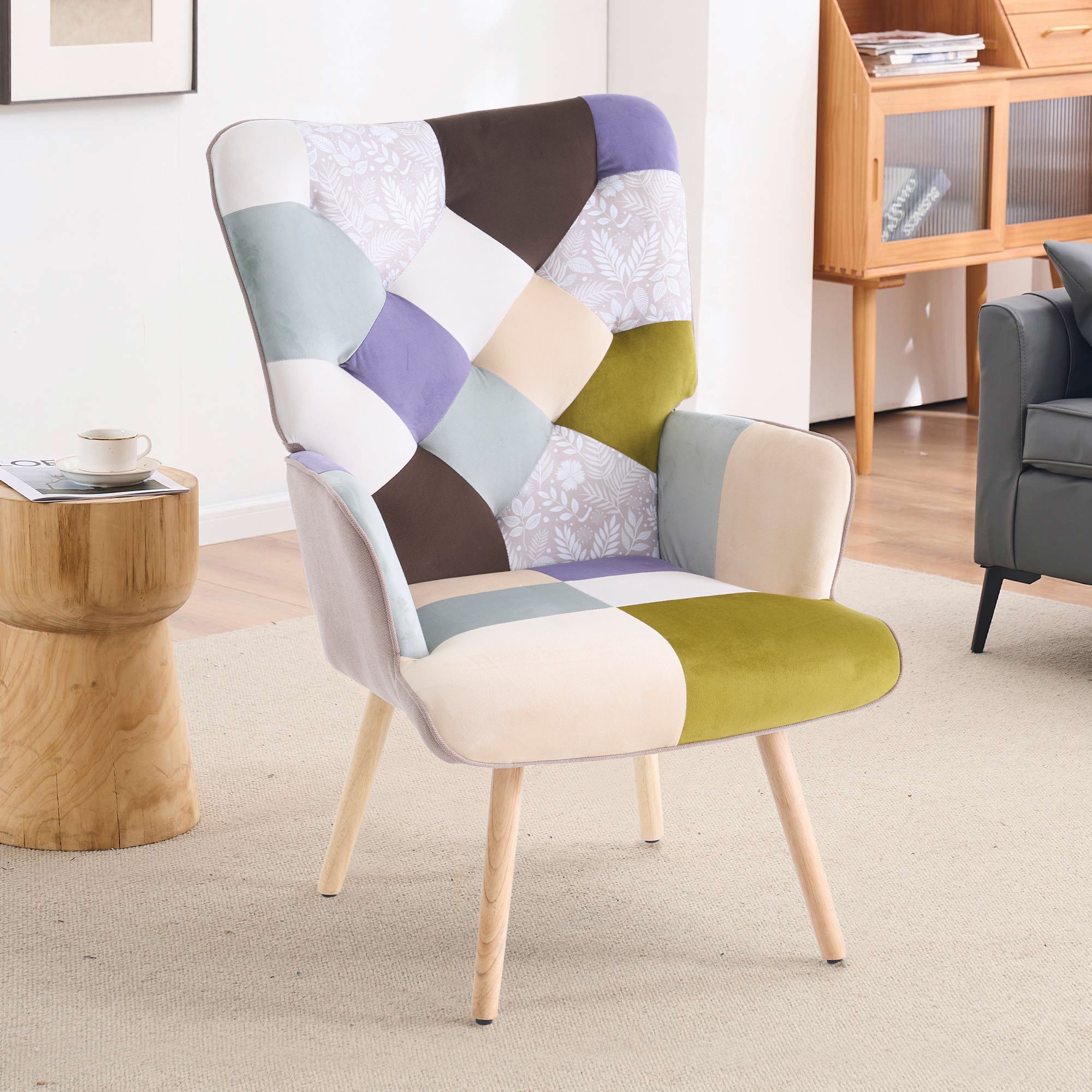 330lb Capacity Colorful Patchwork Modern Accent Chair - High Back Armchair with Memory Foam Cushion & Hardwood Legs, Linen Living Room, Bedroom, Home Office Chair - Easy Assembly, Neutral & Accent Colors - for Living Room, Reading Nook Decor