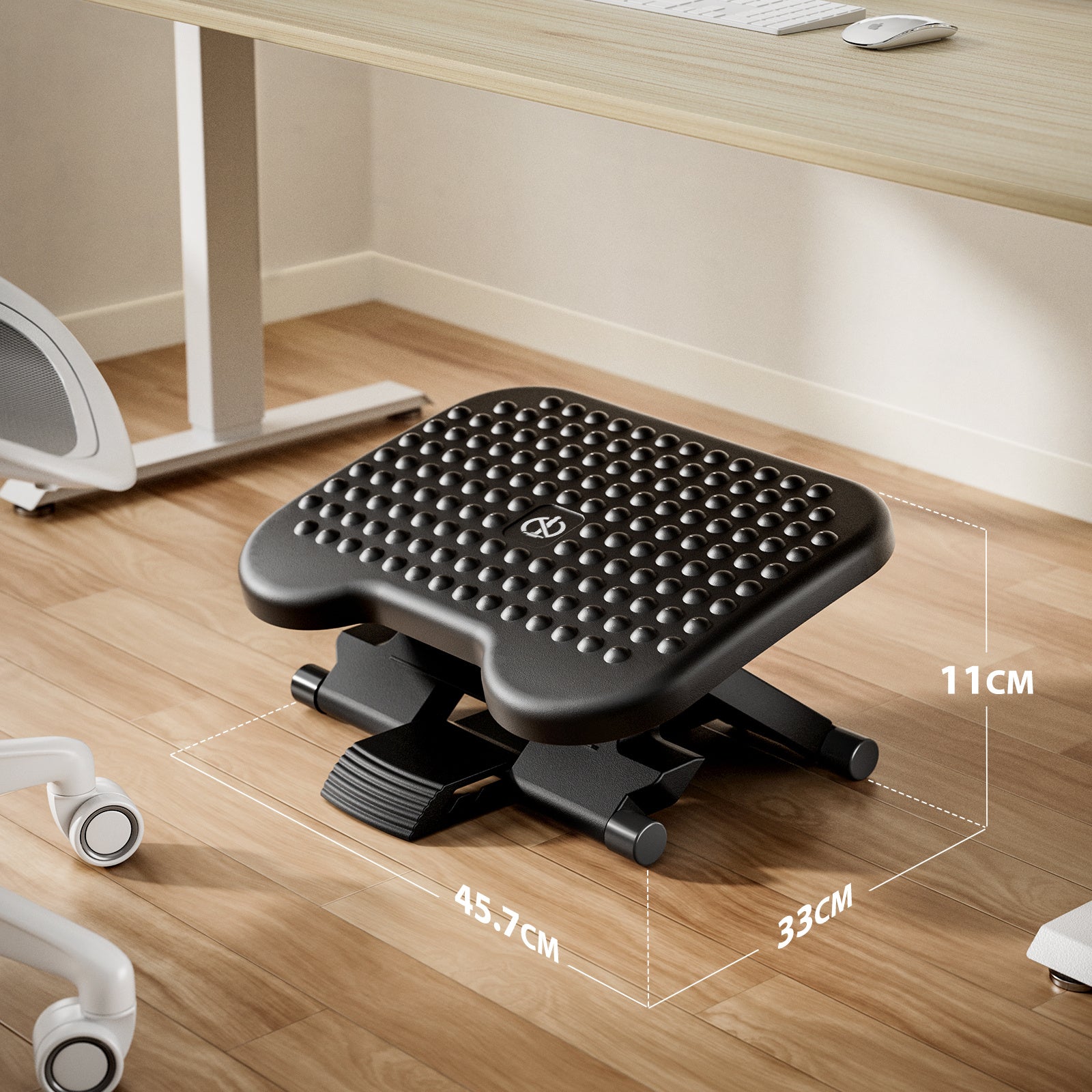 Adjustable Under-Desk Footrest with Massage Wheels, Under-Desk Footrest, Home Office Three-Position Height and 30-Degree Tilt Adjustable